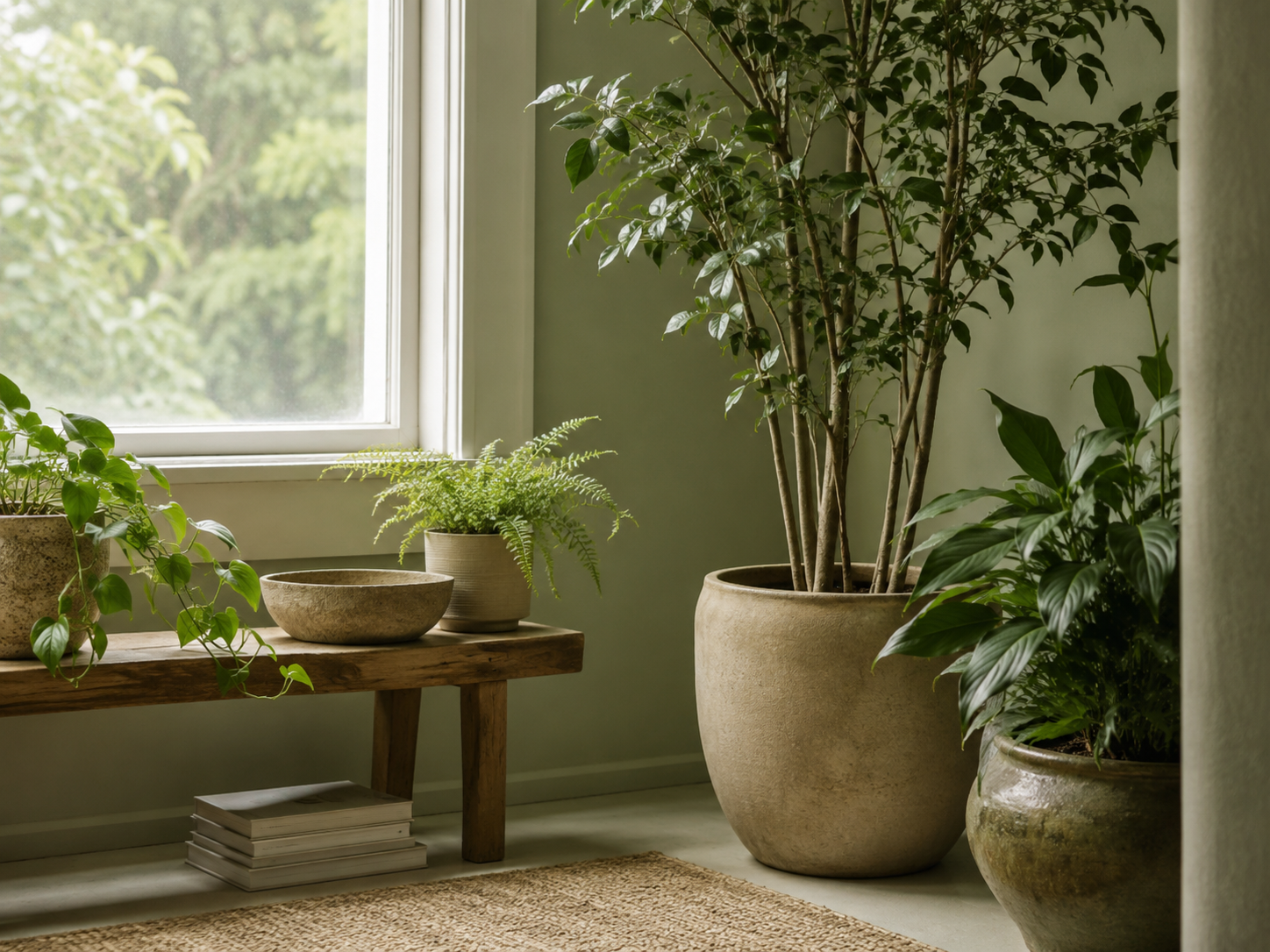 Calm, plant-filled space in natural light, representing balance in psychiatric treatment