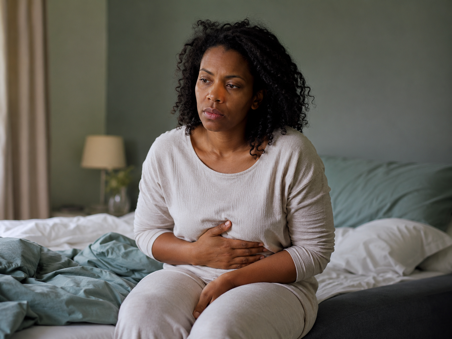 Adult sitting tensely on the edge of a bed with a hand on their chest, representing the physical symptoms of adult anxiety like tightness and fatigue
