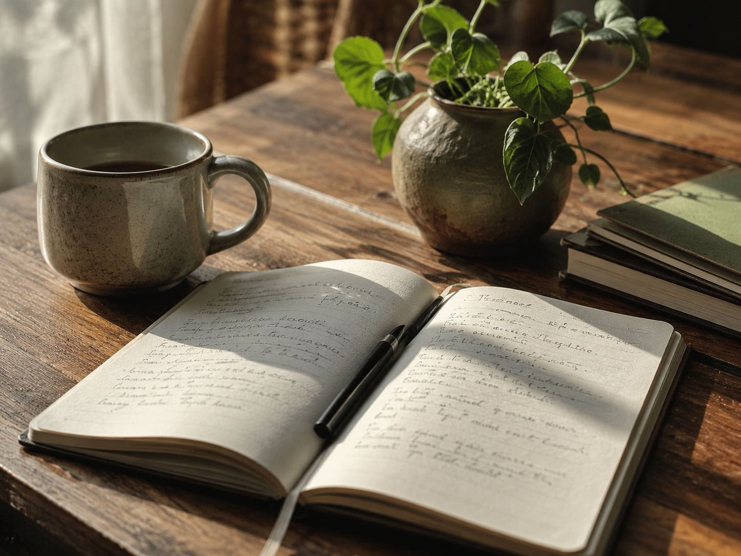 Open journal and plant in warm natural light, representing a whole-life approach to psychiatric care