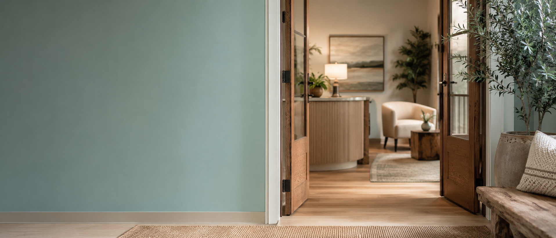 Softly lit welcoming entryway in warm natural light, representing the new patient experience at Harborlight Psychiatric