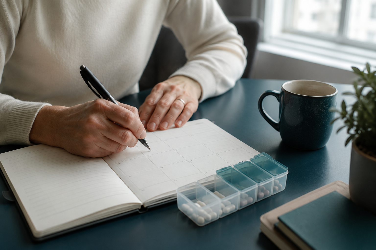 Adult writing in a planner next to a pill organizer with gradually fewer doses, representing an individualized, paced psychiatric medication taper plan