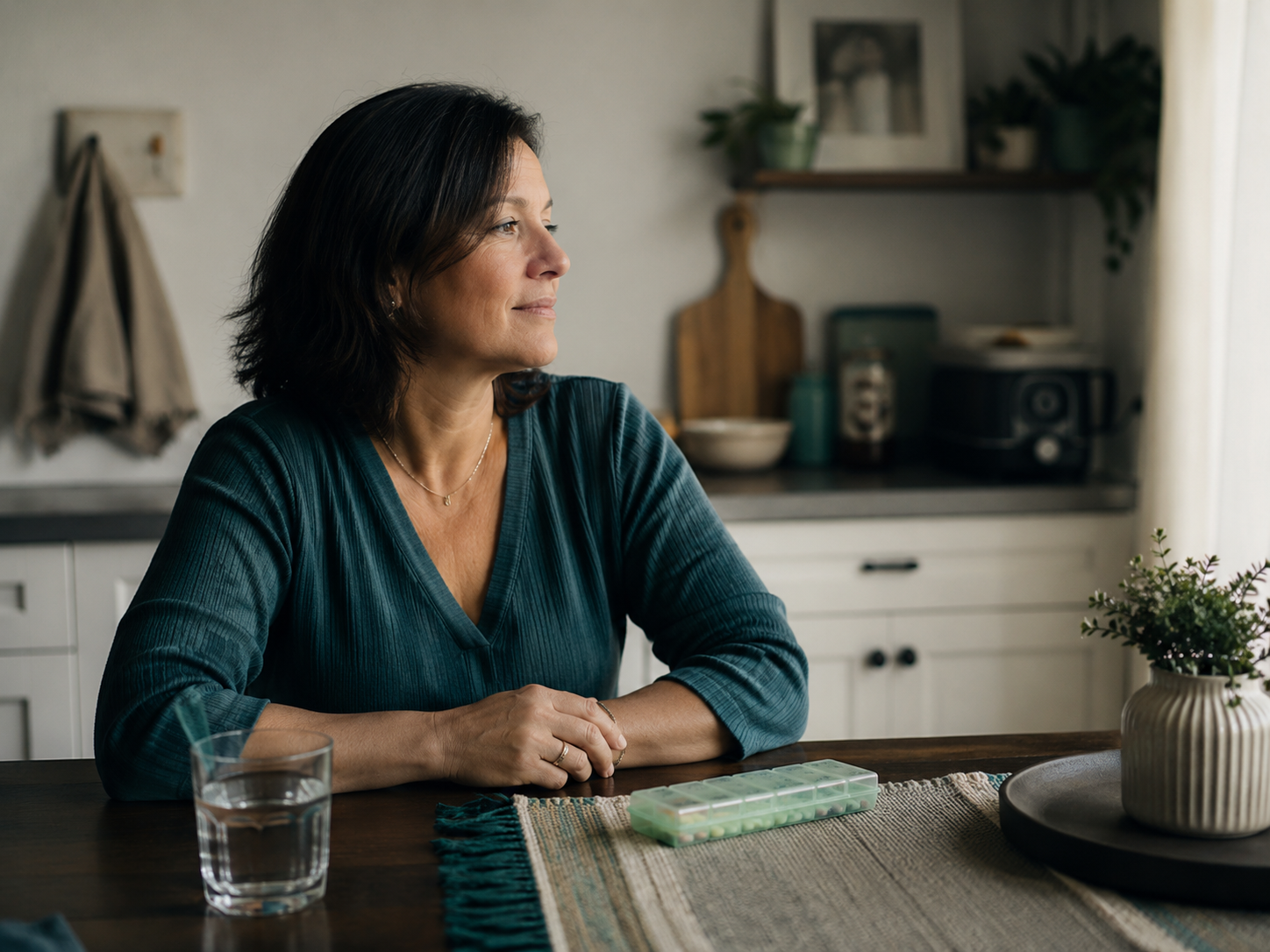 Adult at a kitchen table with a weekly pill organizer and water glass, representing medication management for adult anxiety treatment