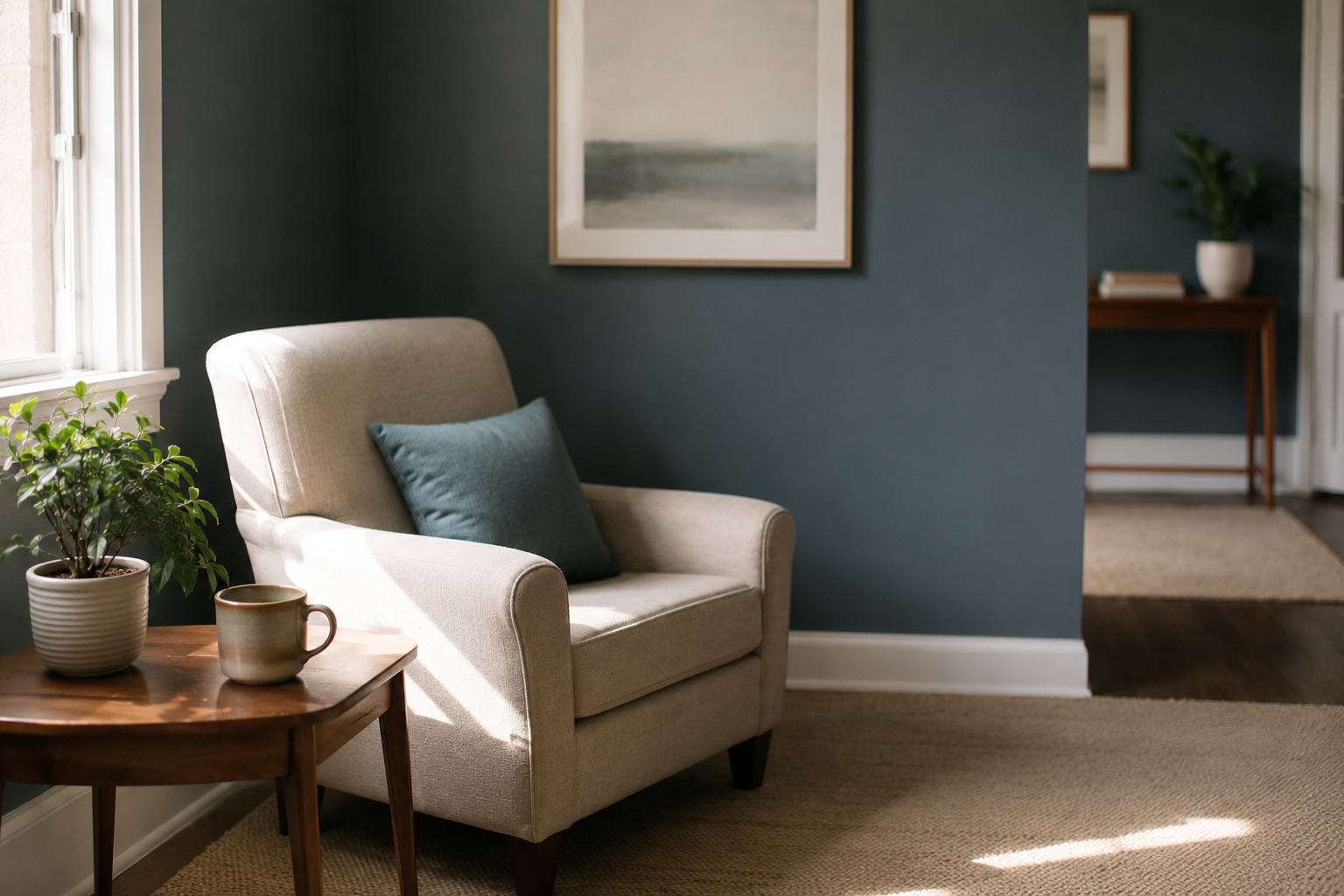 Calm, softly lit therapy office reception area with cream armchair and natural light, representing a welcoming first step to contact Harborlight Psychiatric