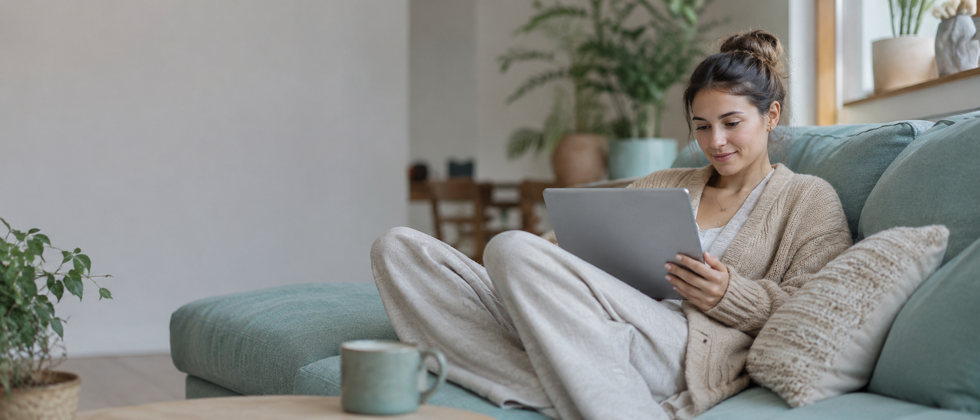 Person calmly using a laptop at home, representing easy access to the Harborlight Psychiatric patient portal