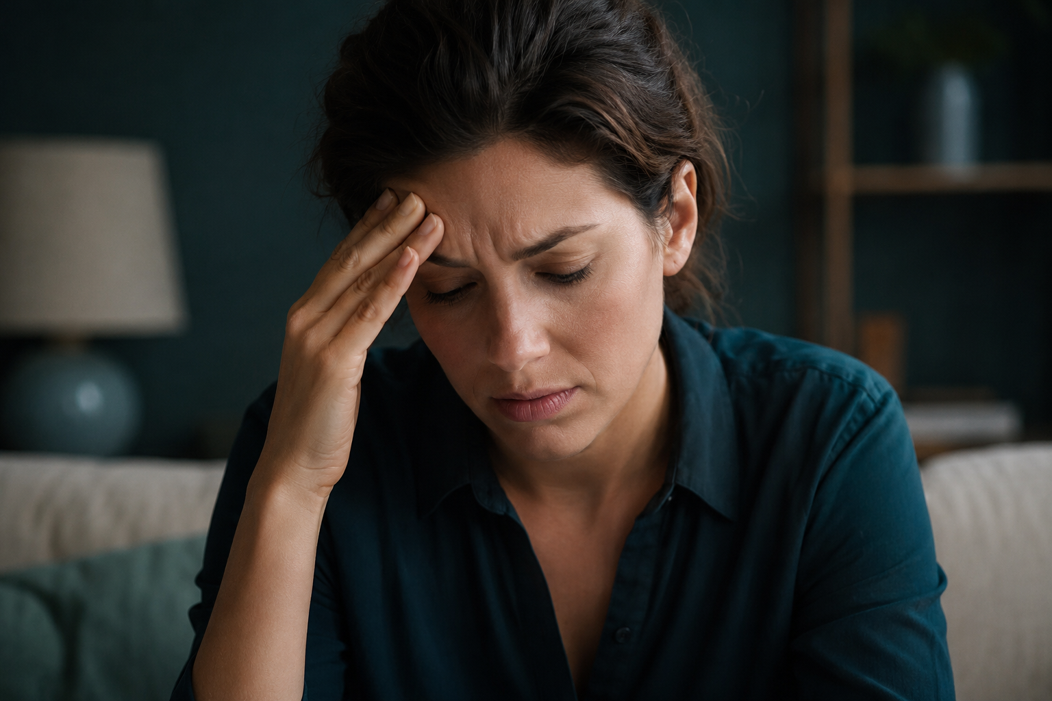 Woman with a tense, overwhelmed expression, representing the severe mood swings and irritability associated with PMDD