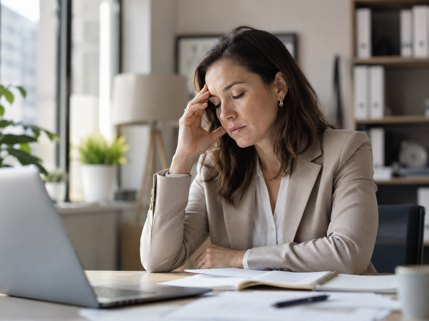 High-achieving professional woman pausing at her desk, reflecting the burnout and overwhelm Harborlight Psychiatric helps treat