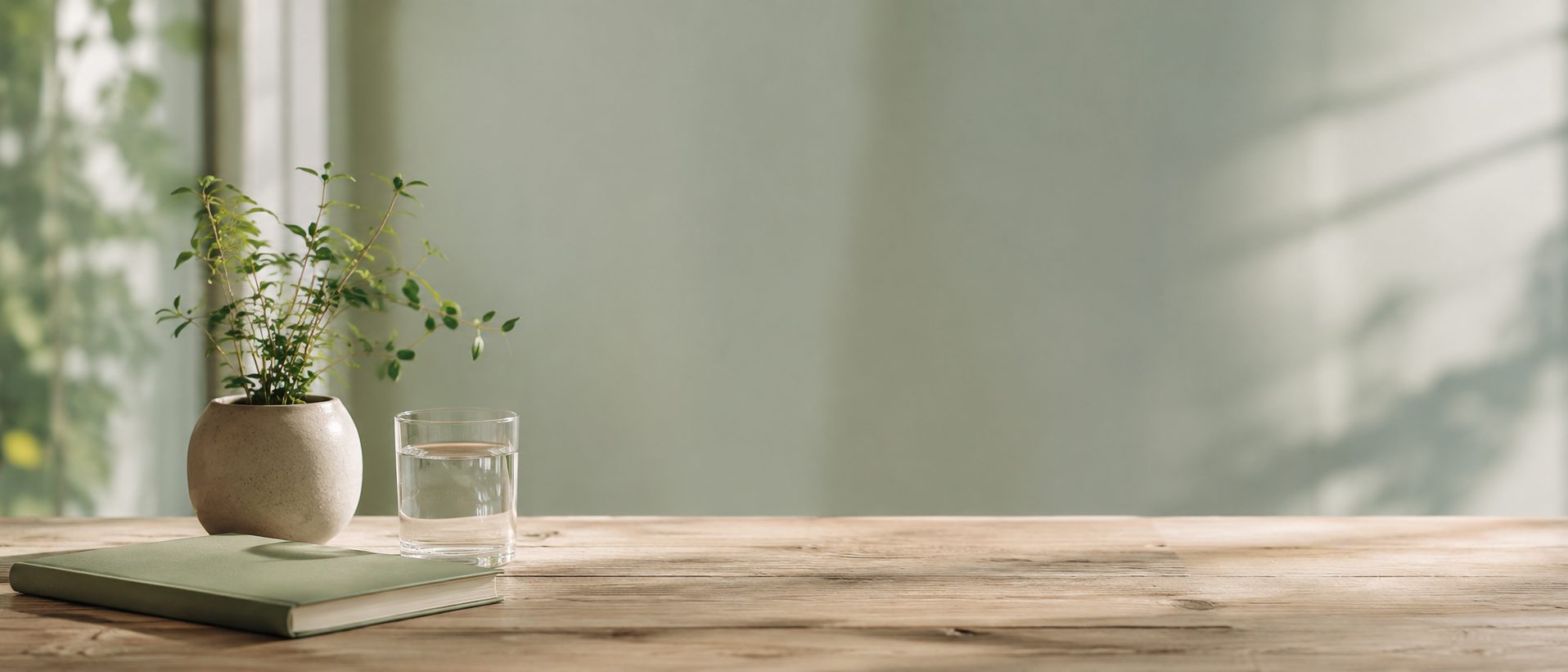 Calm still life with plant and natural light, representing whole-person psychiatric care