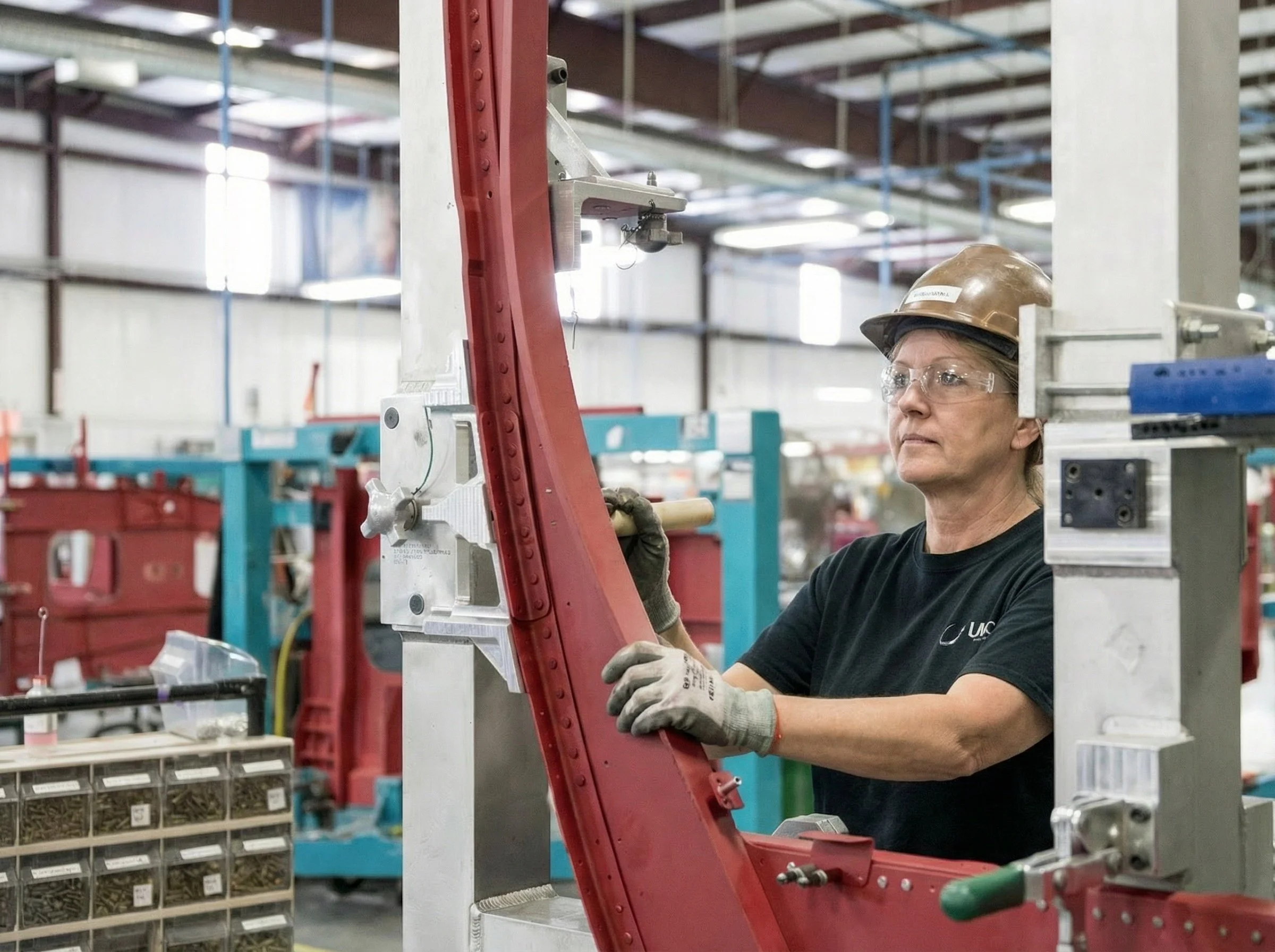 A woman wearing safety glasses, a brown hard hat, and gloves working on industrial equipment inside a factory or manufacturing plant.