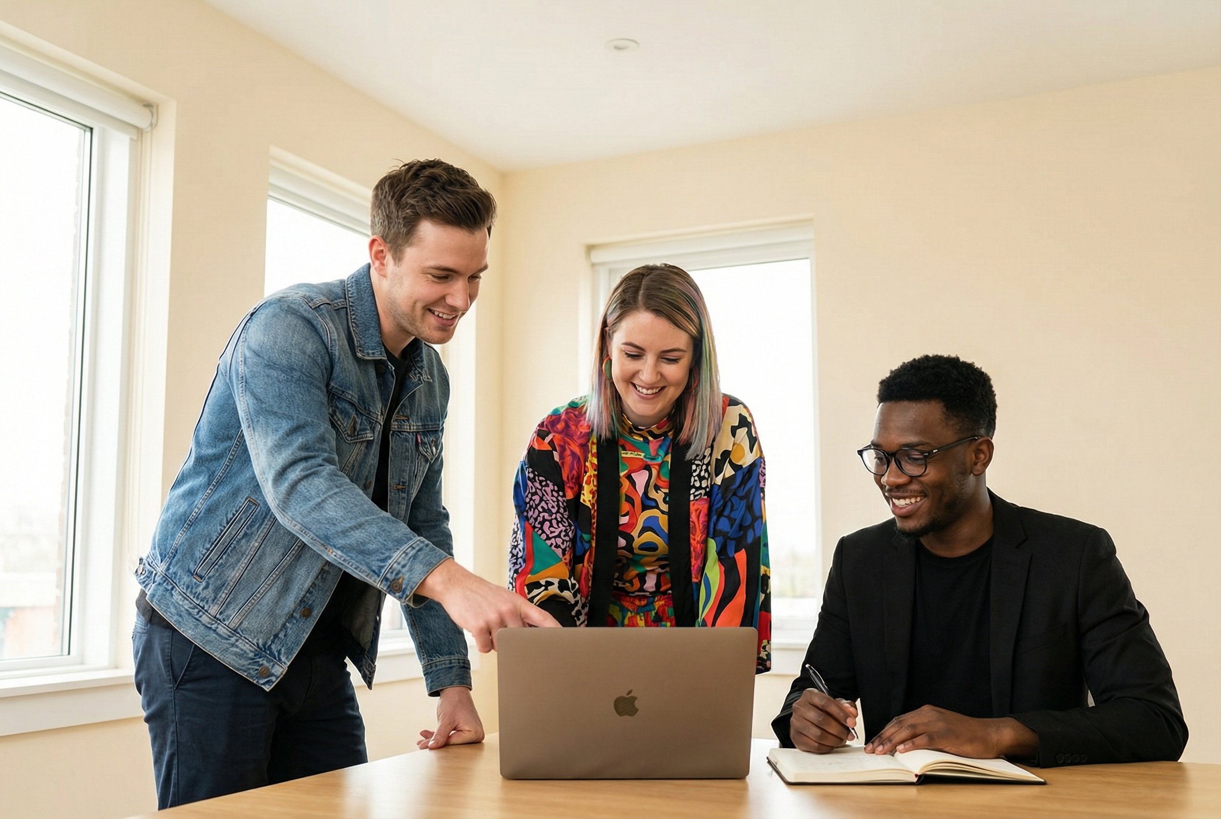 Three young adults collaborating around a laptop in a bright room with large windows, one standing and pointing at the laptop screen, two seated and smiling.