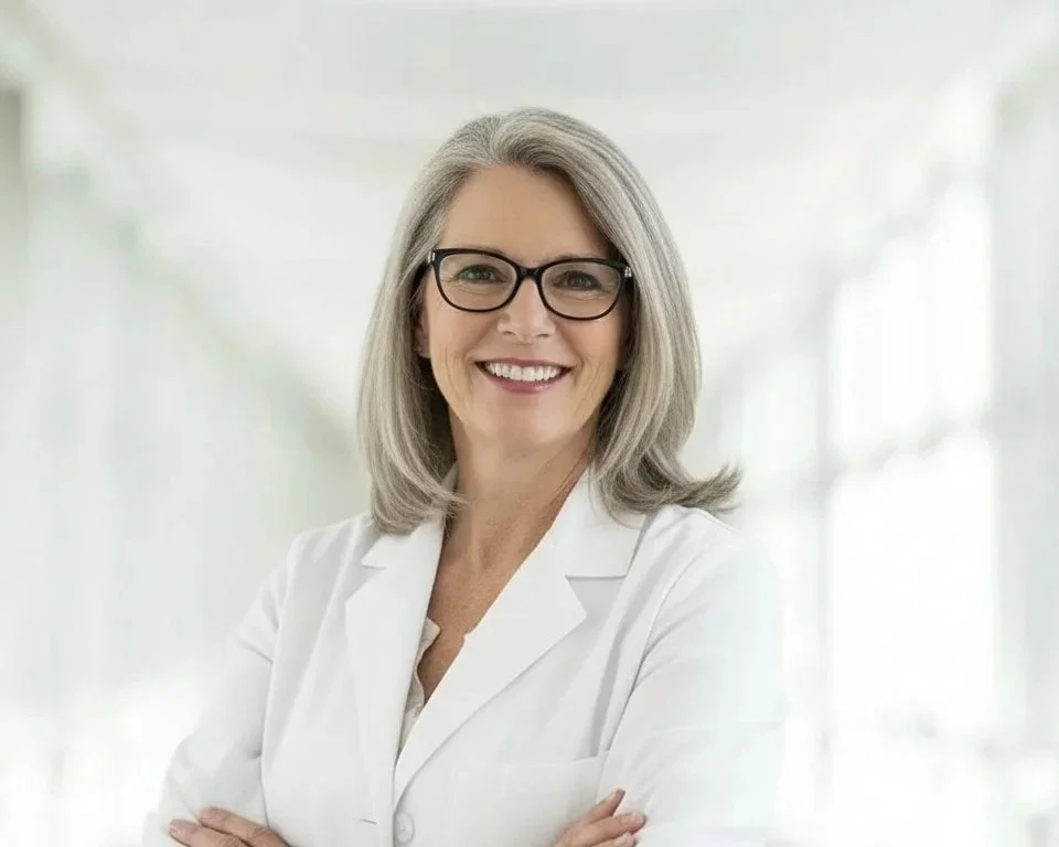 A smiling older woman with gray hair, wearing glasses and a white lab coat, standing in a bright, modern corridor.