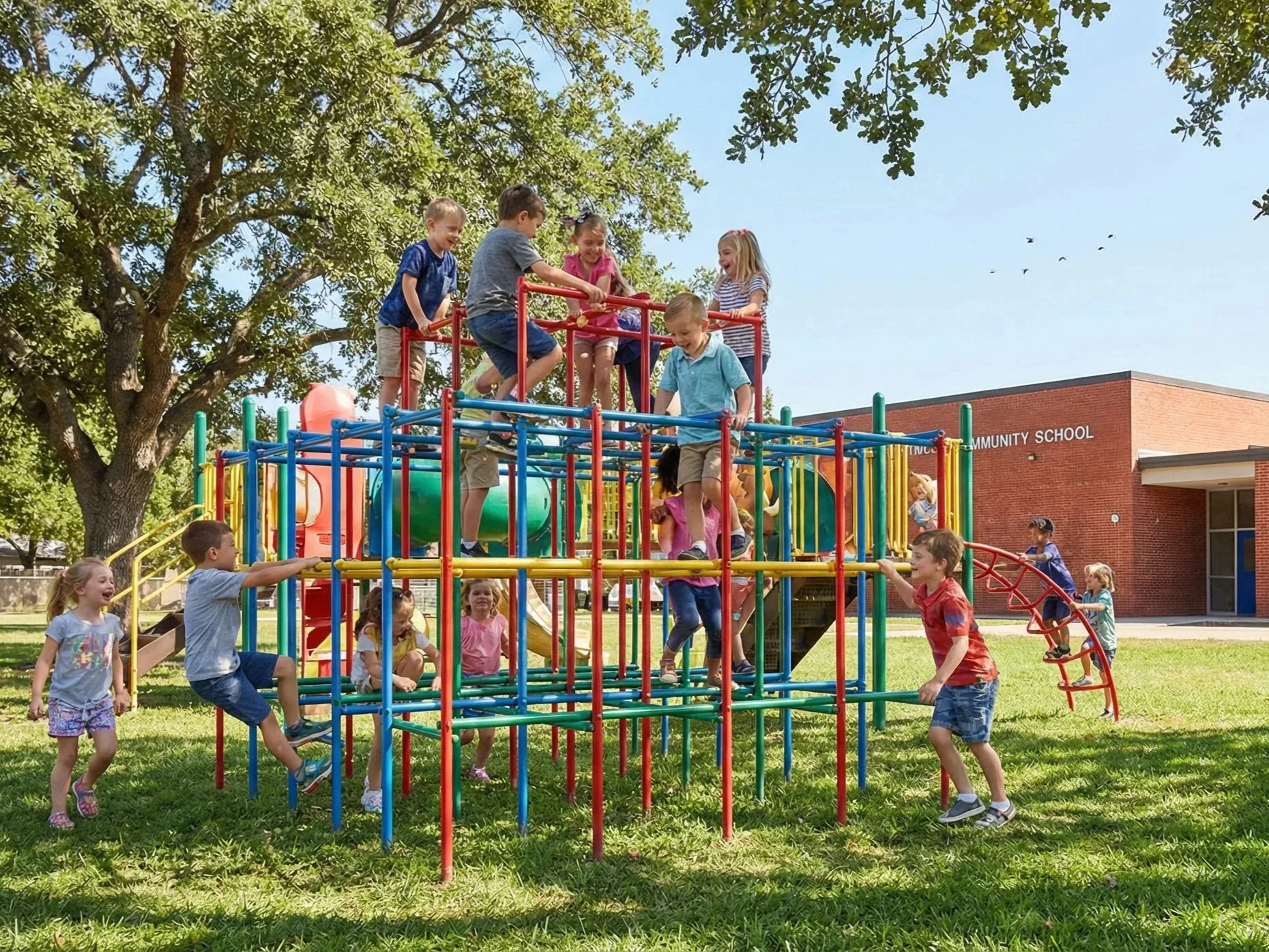 Children playing on a colorful jungle gym at a school playground.