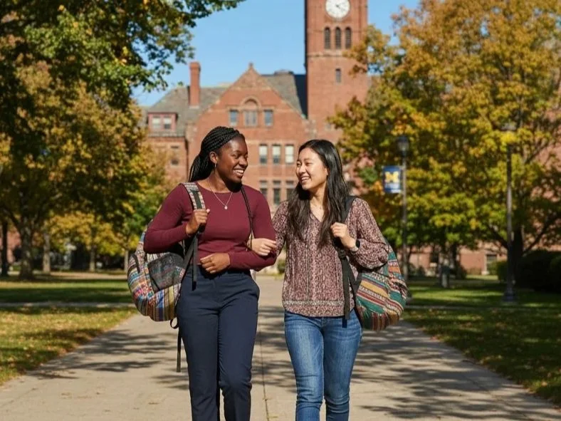Two women walking together on a college campus with a historic building and clock tower in the background, enjoying conversation and smiling.