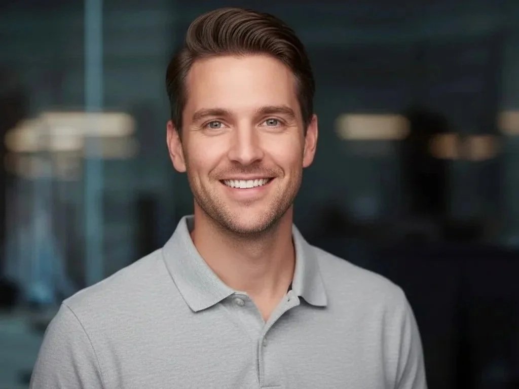 A smiling young man with brown hair wearing a light grey polo shirt, standing indoors with a blurred background.