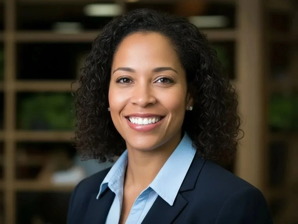 Professional woman with curly hair smiling in an office setting.
