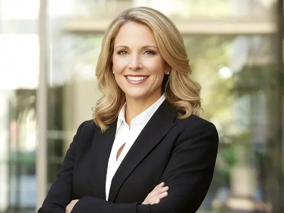 A woman with blonde hair in a black blazer and white shirt standing arms crossed in a bright modern office space.