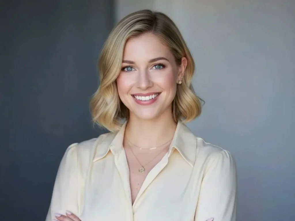 A smiling woman with shoulder-length blonde hair, wearing a cream-colored blouse, standing against a plain gray background.