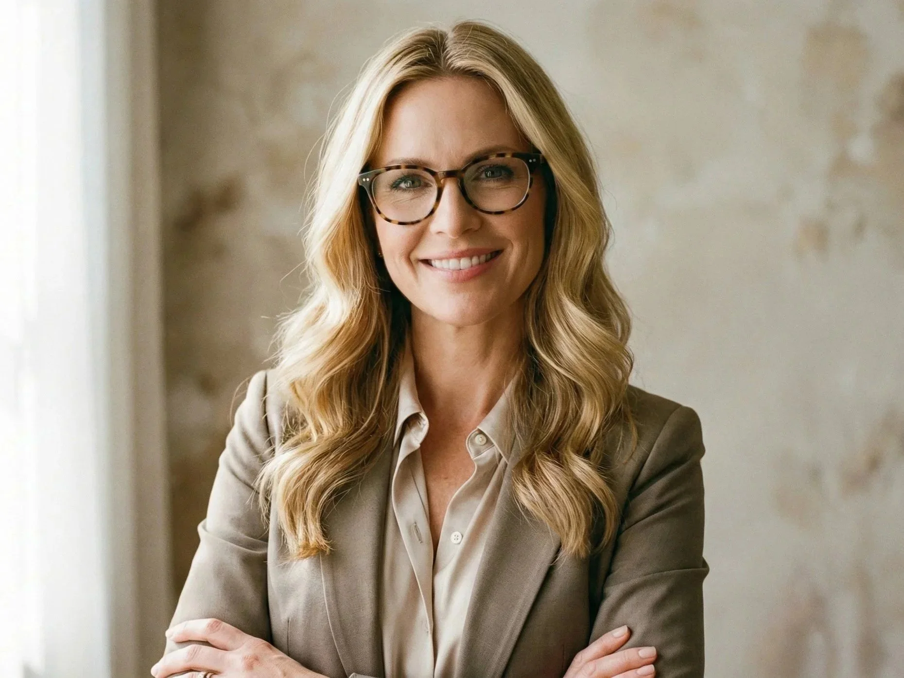 A woman with long blonde wavy hair, wearing glasses, a light blouse, and a beige blazer, smiling and standing with arms crossed indoors near a window with natural light.