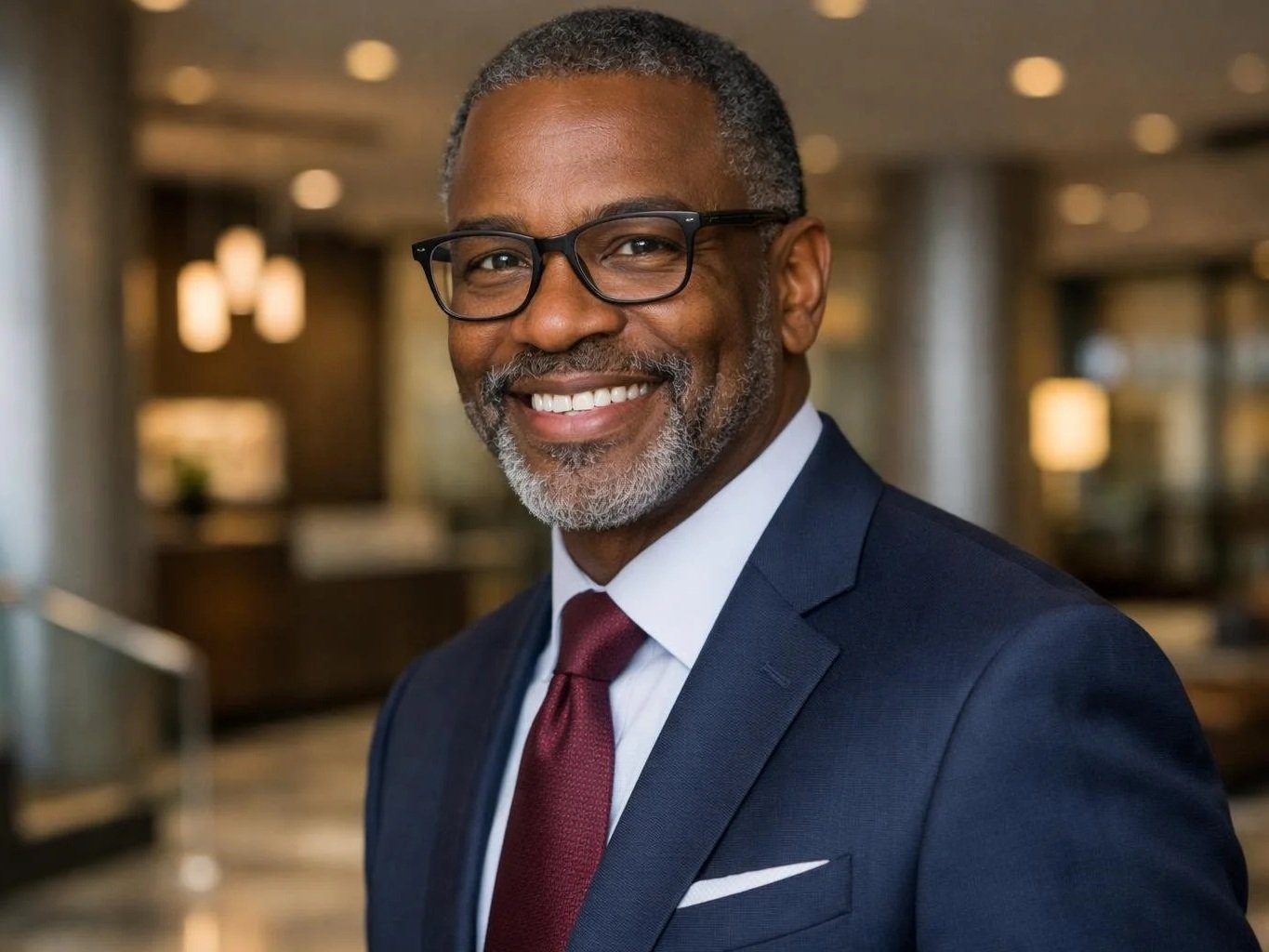 Smiling Black man wearing glasses, a navy suit, white shirt, and maroon tie in a professional setting.