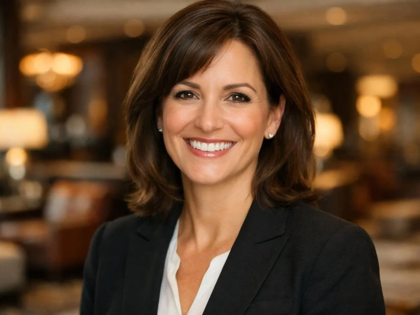 A smiling woman with shoulder-length brown hair and diamond earrings, dressed in a black blazer and white blouse, in a warmly lit indoor setting.