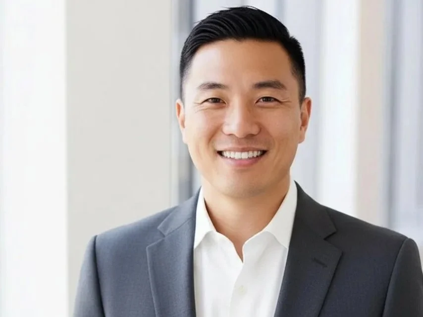 A smiling man in a gray suit and white shirt standing in front of large windows in an office setting.