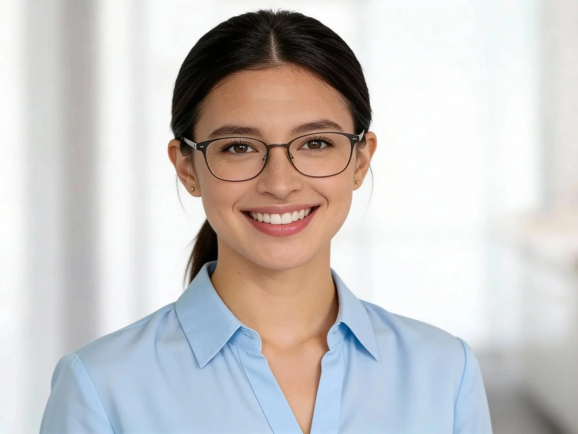 A young woman with dark hair, glasses, and a light blue collared shirt, smiling at the camera, in a bright indoor setting.
