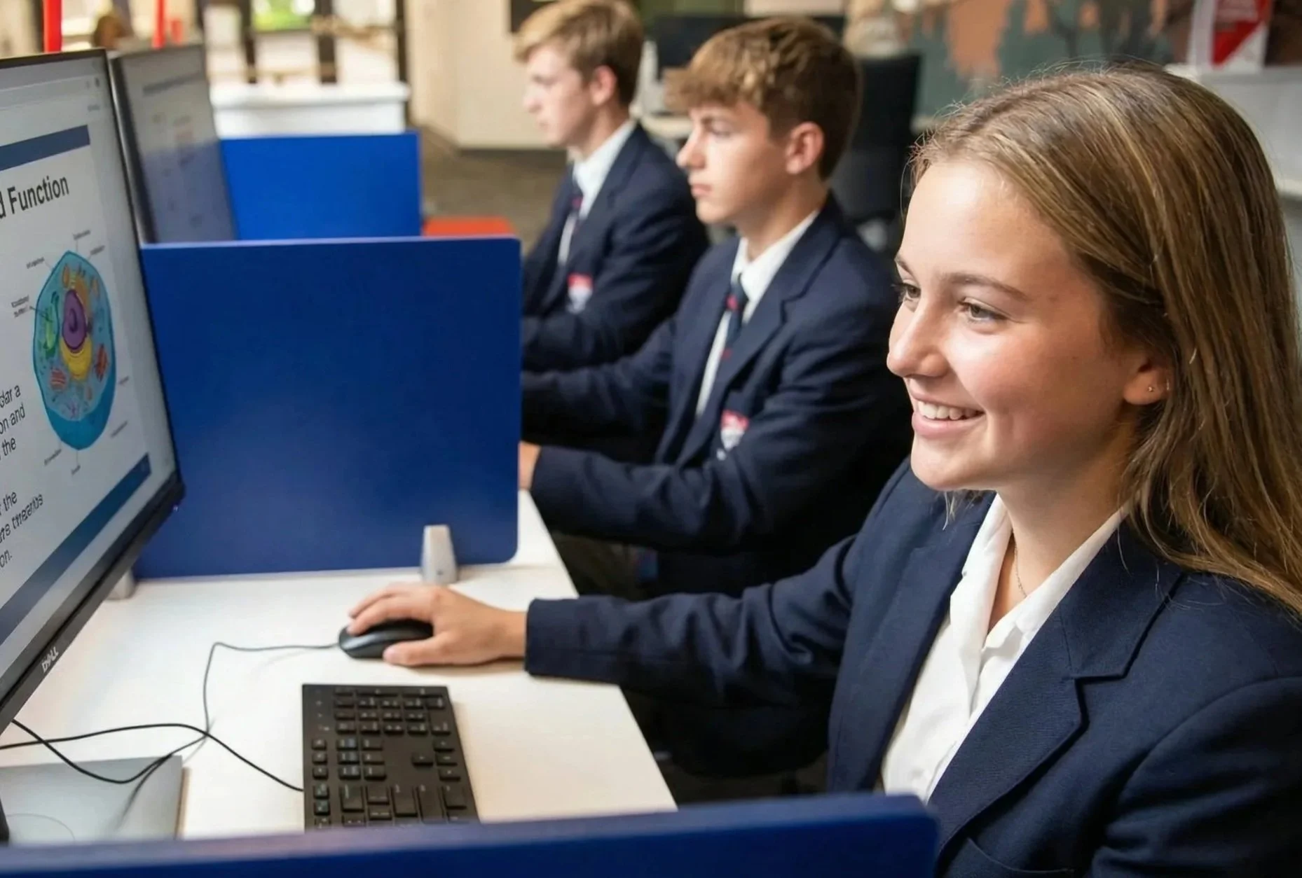 Students in school uniforms working at computer stations, focusing on a presentation about cell structure.