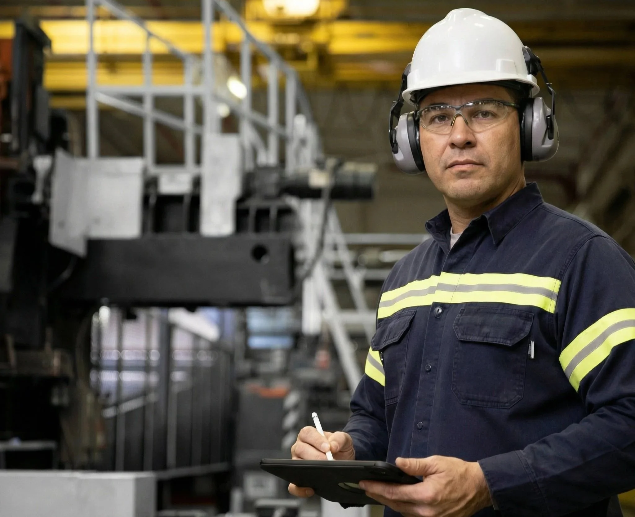 A man wearing safety glasses, a white hard hat, and ear protection in a factory or industrial setting, holding a tablet and pen, with machinery in the background.