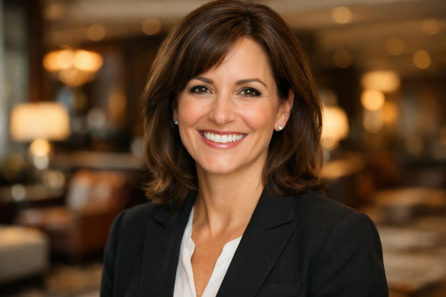 A woman with brown hair and a big smile, wearing a black blazer and a white top, standing indoors with blurred warm lighting in the background.