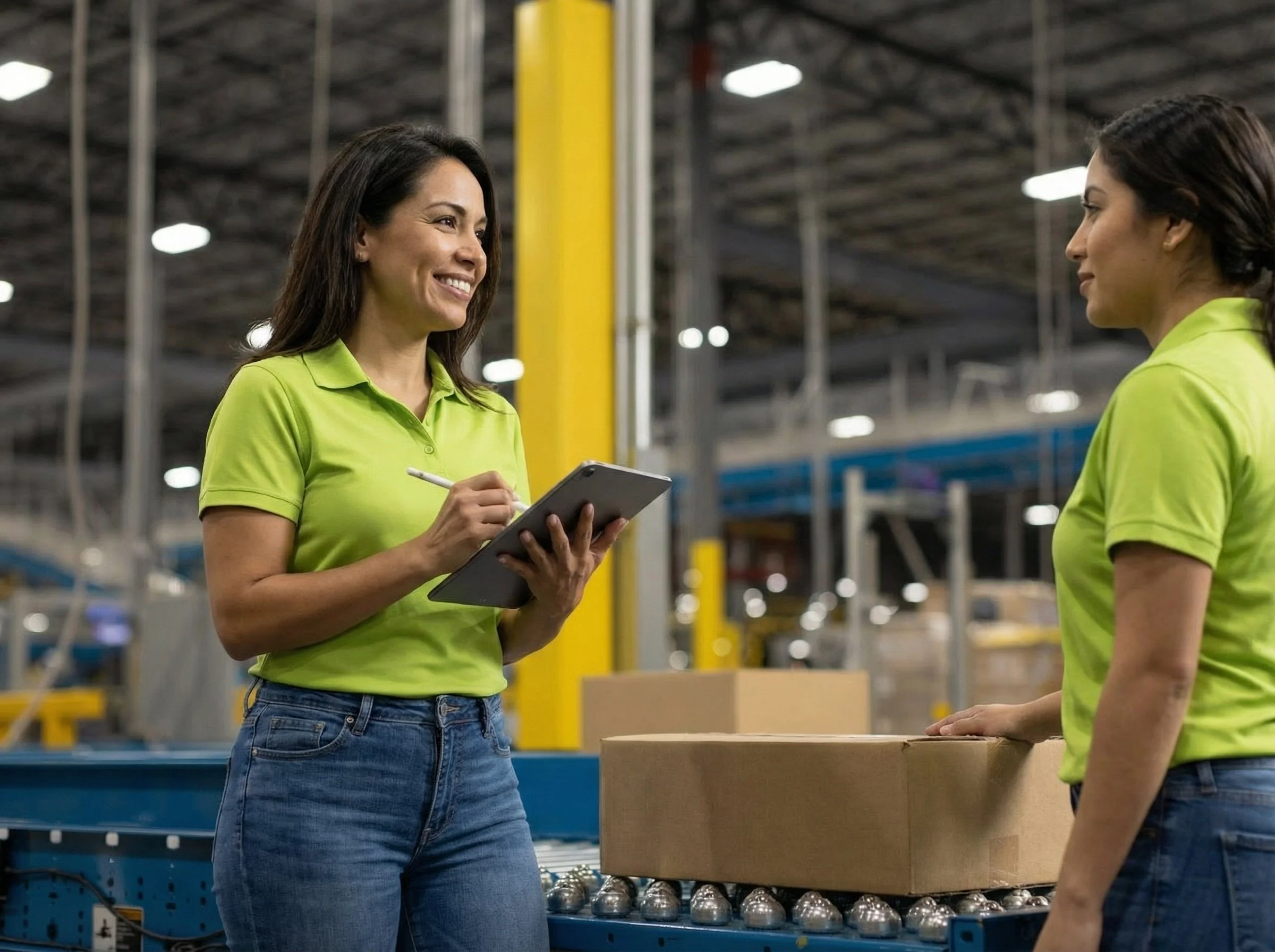 Manufacturing photography of two women wearing green shirts at a warehouse, standing near a conveyor belt, with one woman holding a clipboard and pen, smiling and talking to the other woman in a Dallas manufacturing plant.