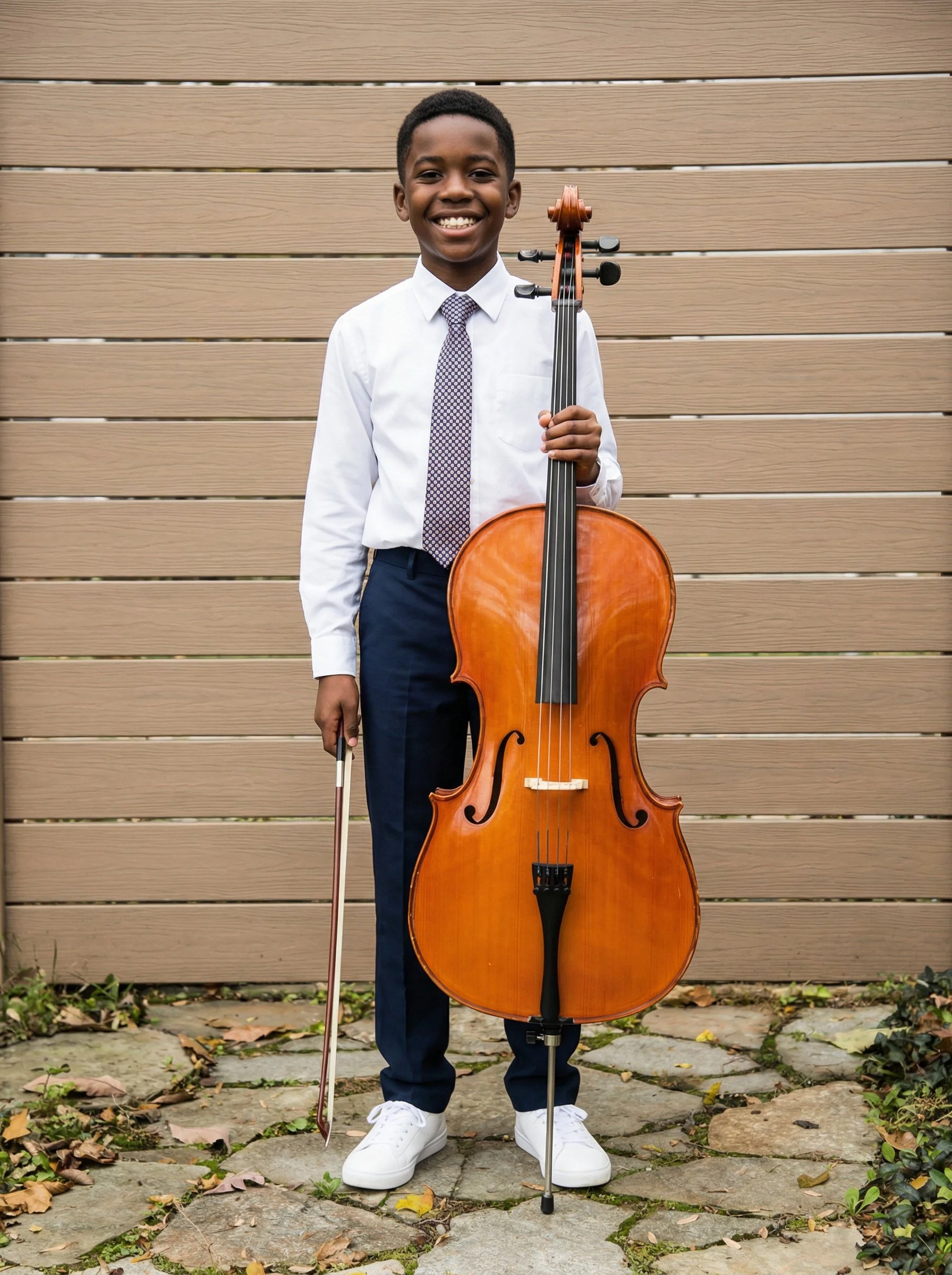 A young boy in formal attire standing outside, smiling, holding a large cello with one hand and a bow with the other, in front of a wooden fence.