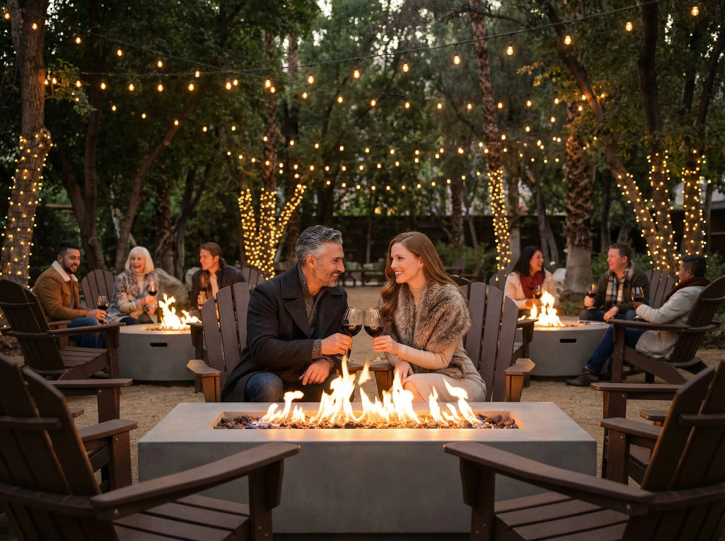 Group of people enjoying drinks around fire pits in a forested outdoor setting decorated with string lights at dusk