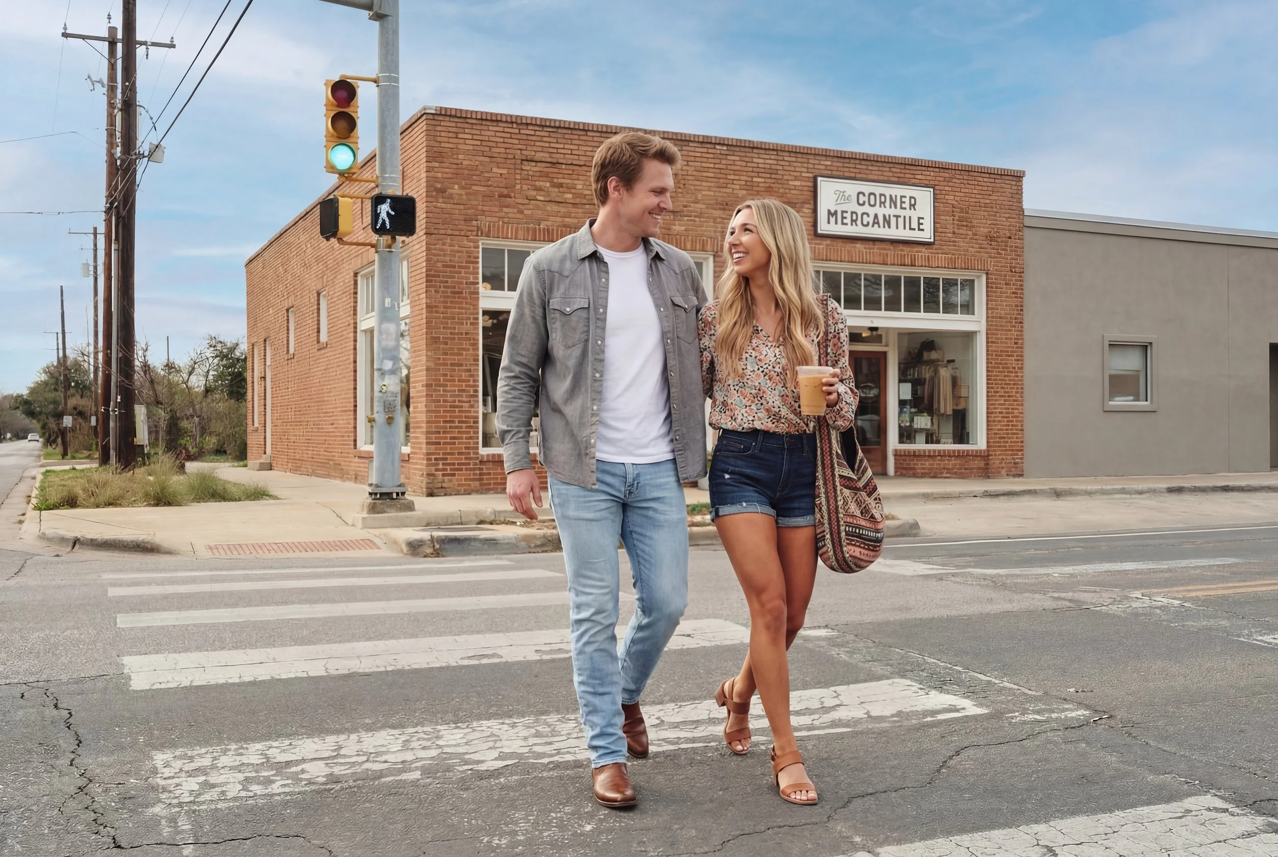 A young man and woman walking across a crosswalk on a city street. The woman is holding a coffee cup and wearing a floral blouse and shorts, while the man is wearing a denim jacket and jeans. They are smiling at each other and appear to be happy.