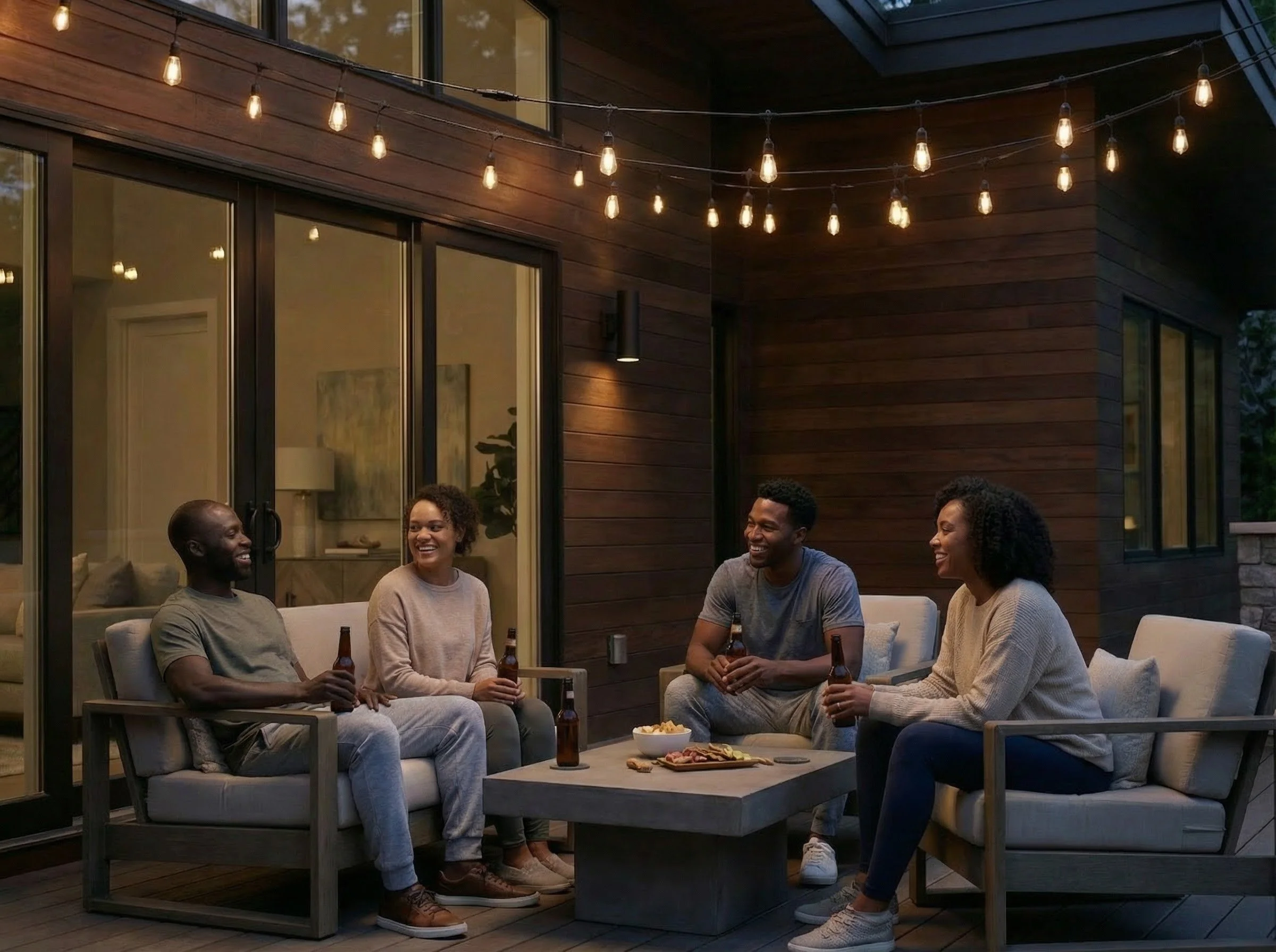 A group of four friends enjoying a nighttime outdoor gathering on a patio, sitting on chairs around a coffee table with snacks, drinks, and string lights overhead.