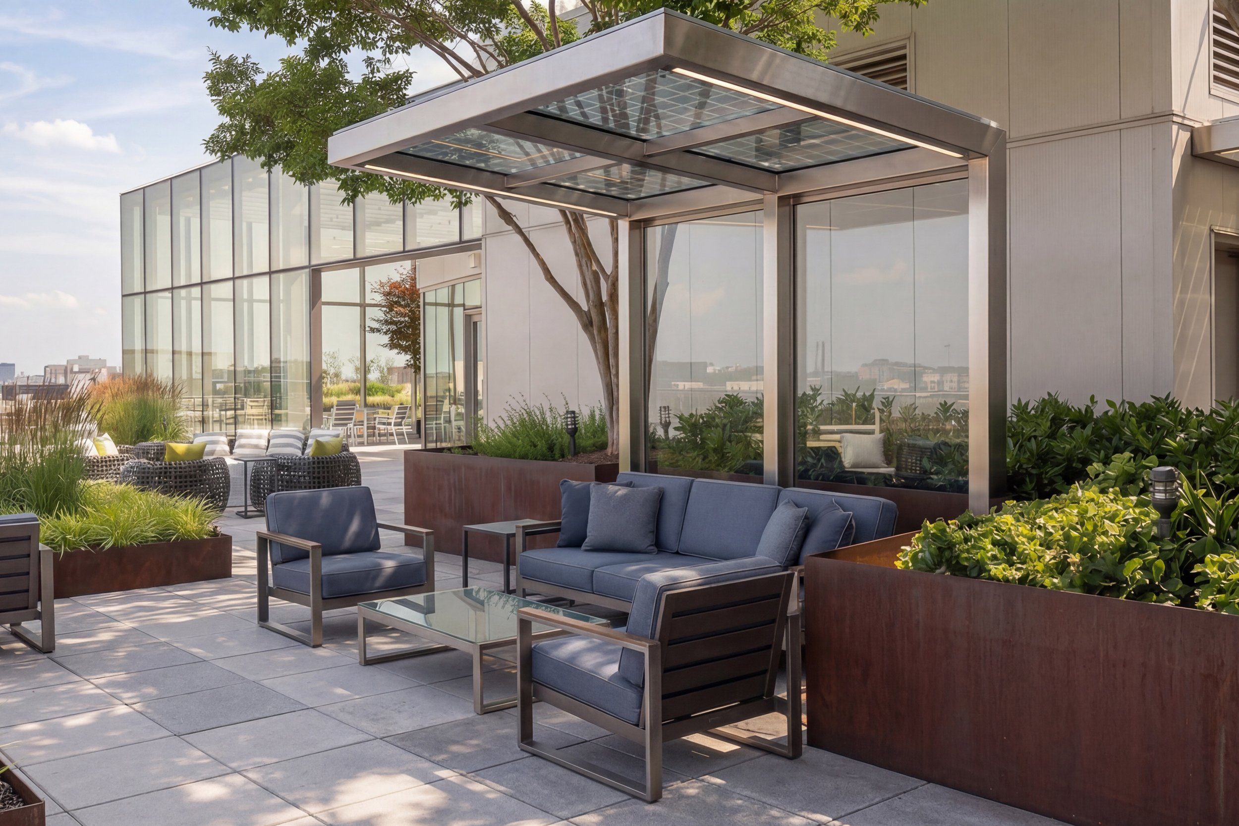 City rooftop patio with modern outdoor seating, including blue cushioned chairs and a glass-top table, surrounded by planters with greenery, under a glass canopy, with buildings and a blue sky in the background.