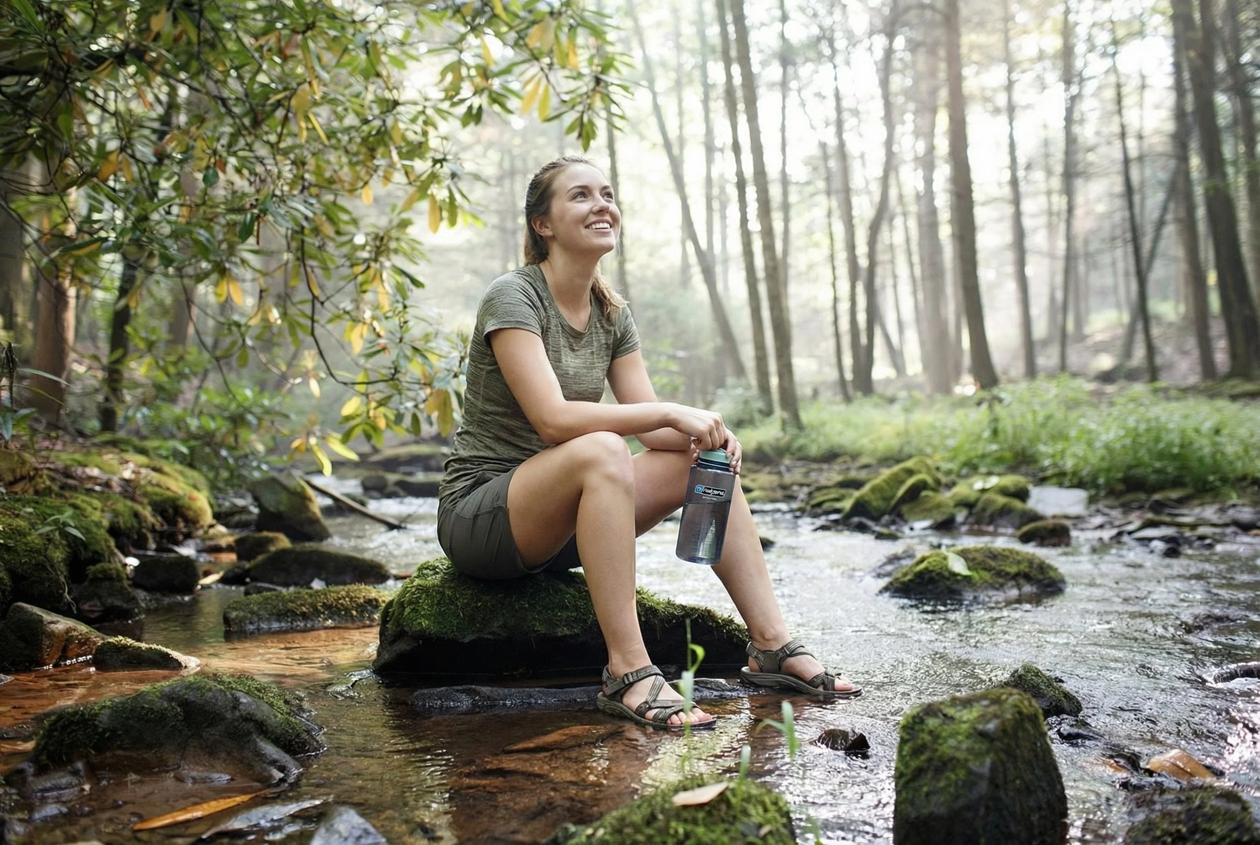 A woman sitting on a mossy rock in a creek, holding a water bottle, smiling and looking up in a wooded forest setting.
