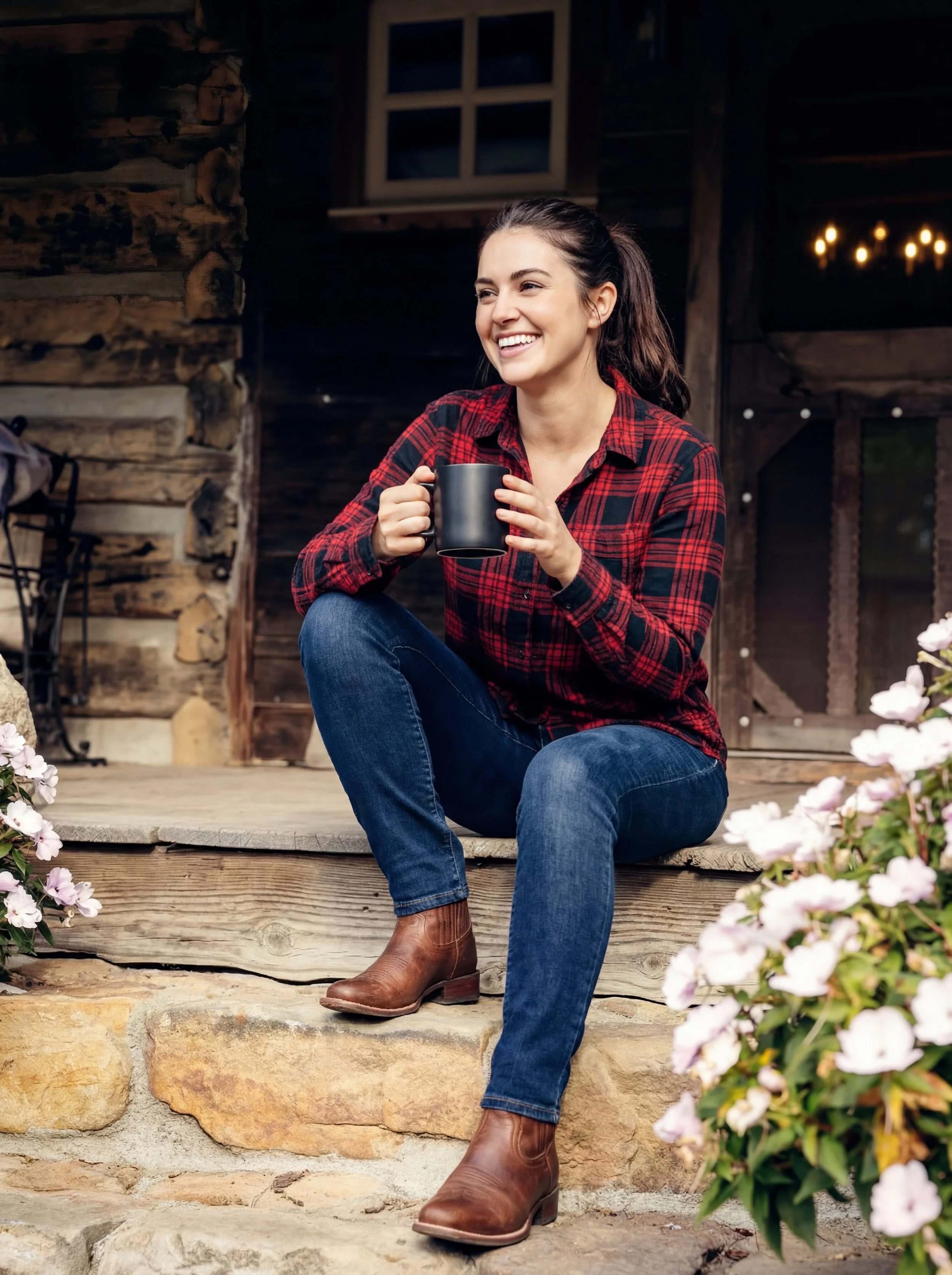 A young woman in a red plaid shirt and blue jeans, sitting on a wooden porch, smiling and holding a black mug, with flowers and a rustic log cabin-style background.