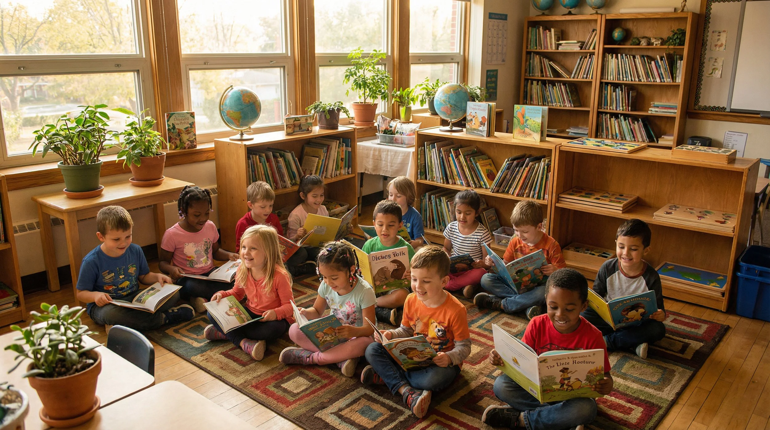 elementary age children sit on a carpet in their classroom reading books