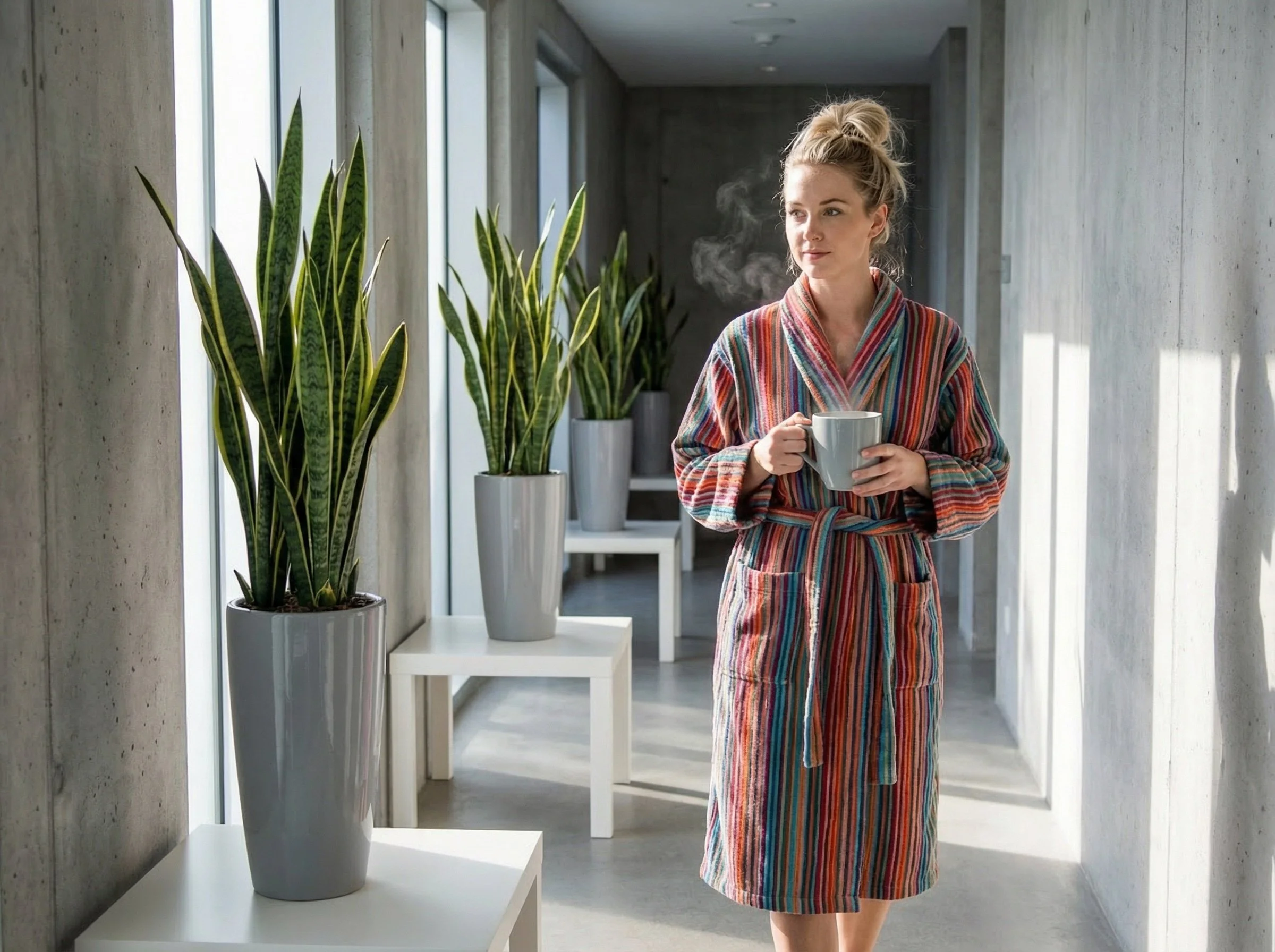 Woman in a colorful striped bathrobe holding a mug, standing in a modern hallway with green potted plants and natural light streaming in.