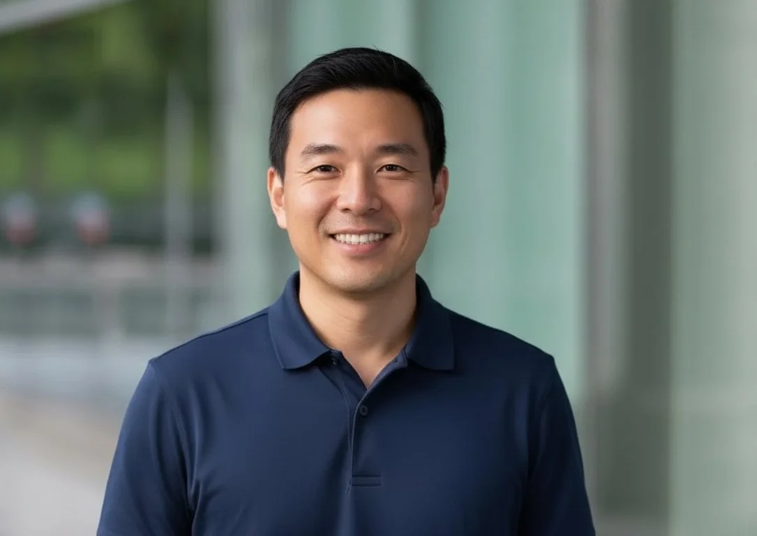 Smiling man in a navy polo shirt standing outdoors with blurred background.
