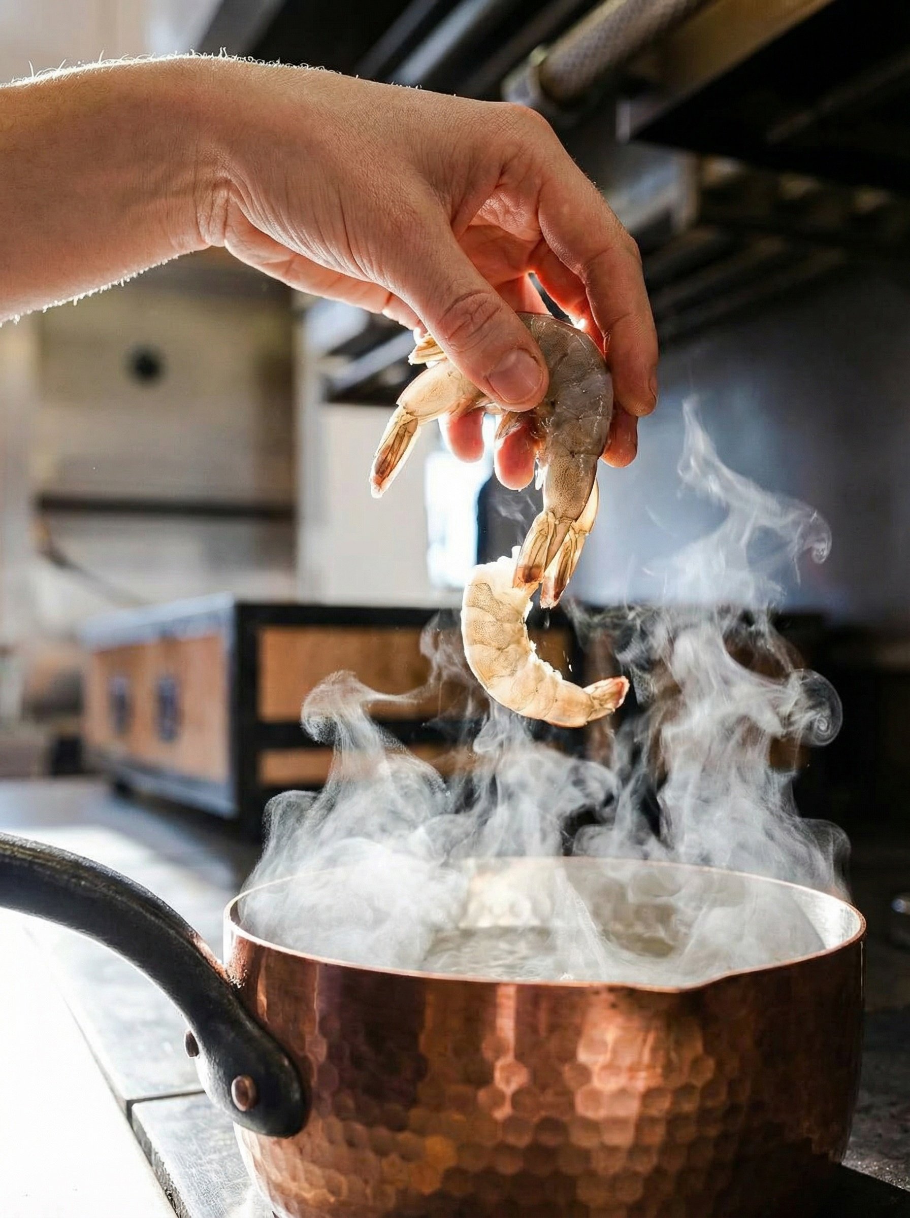 A person's hand holding a raw shrimp above a steaming copper pot.