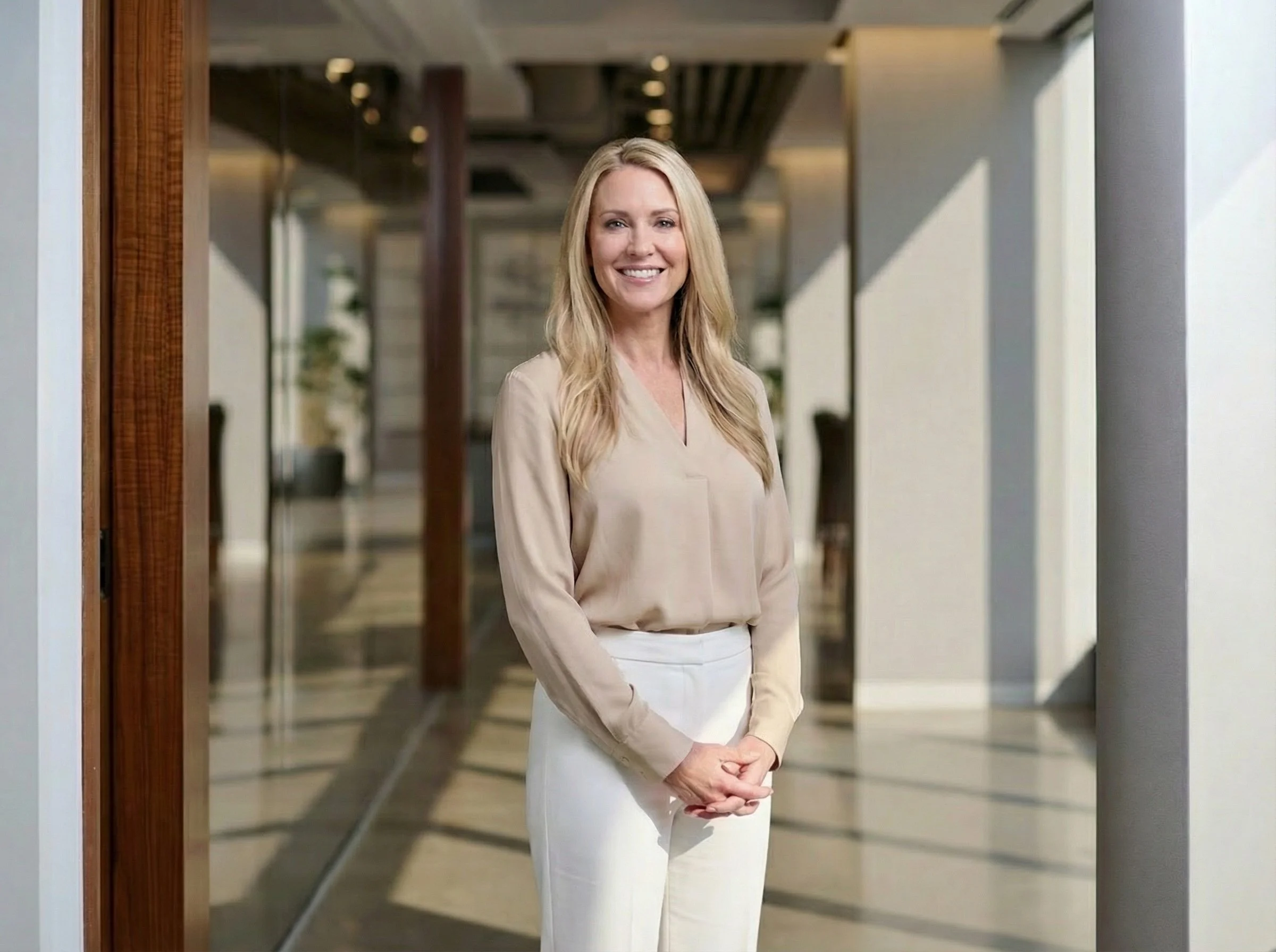 Corporate headshot of executive photographed on-site in Dallas office with natural window light