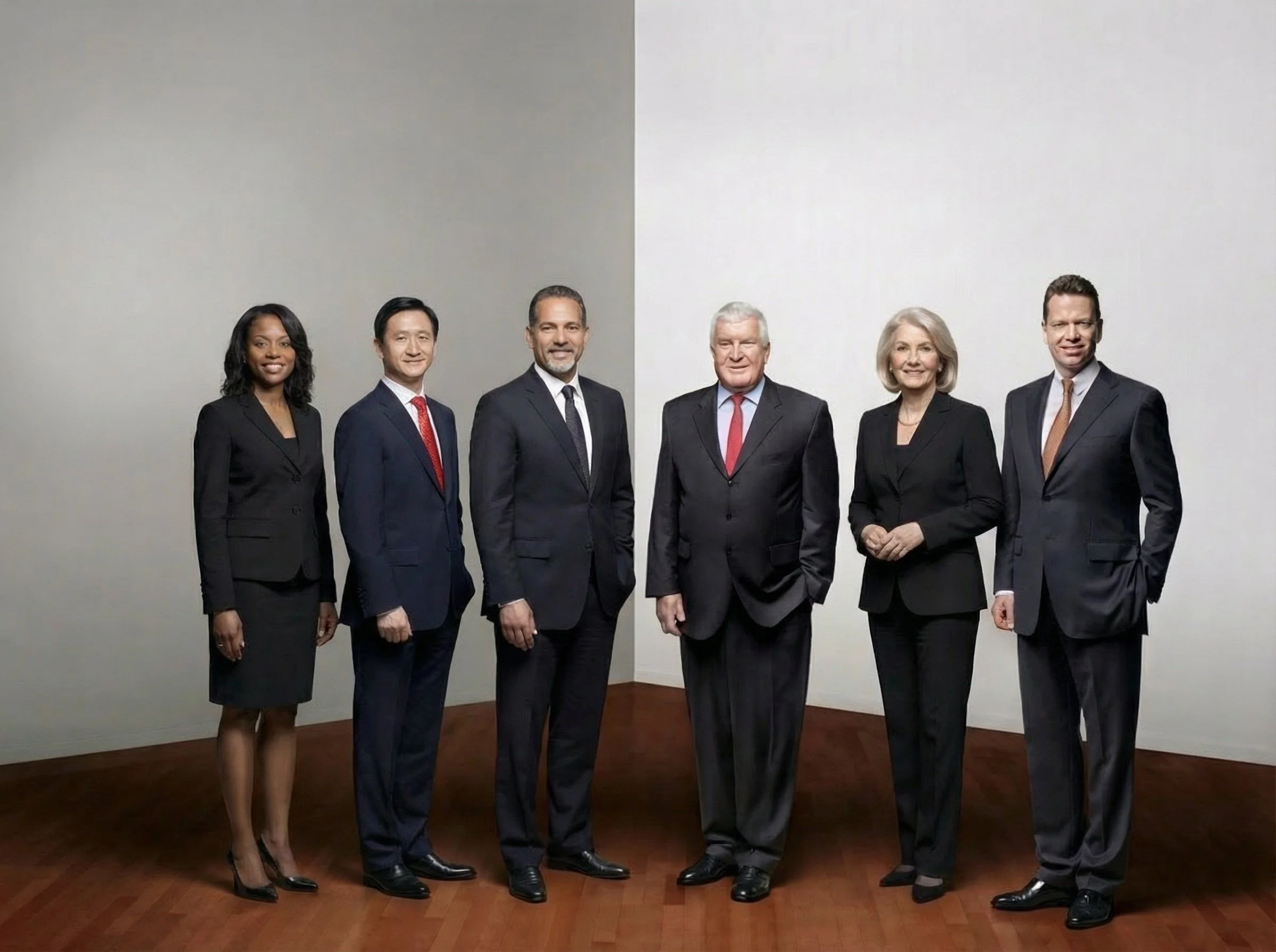 Six diverse business professionals in formal attire standing in a line against plain wall and wooden floor.