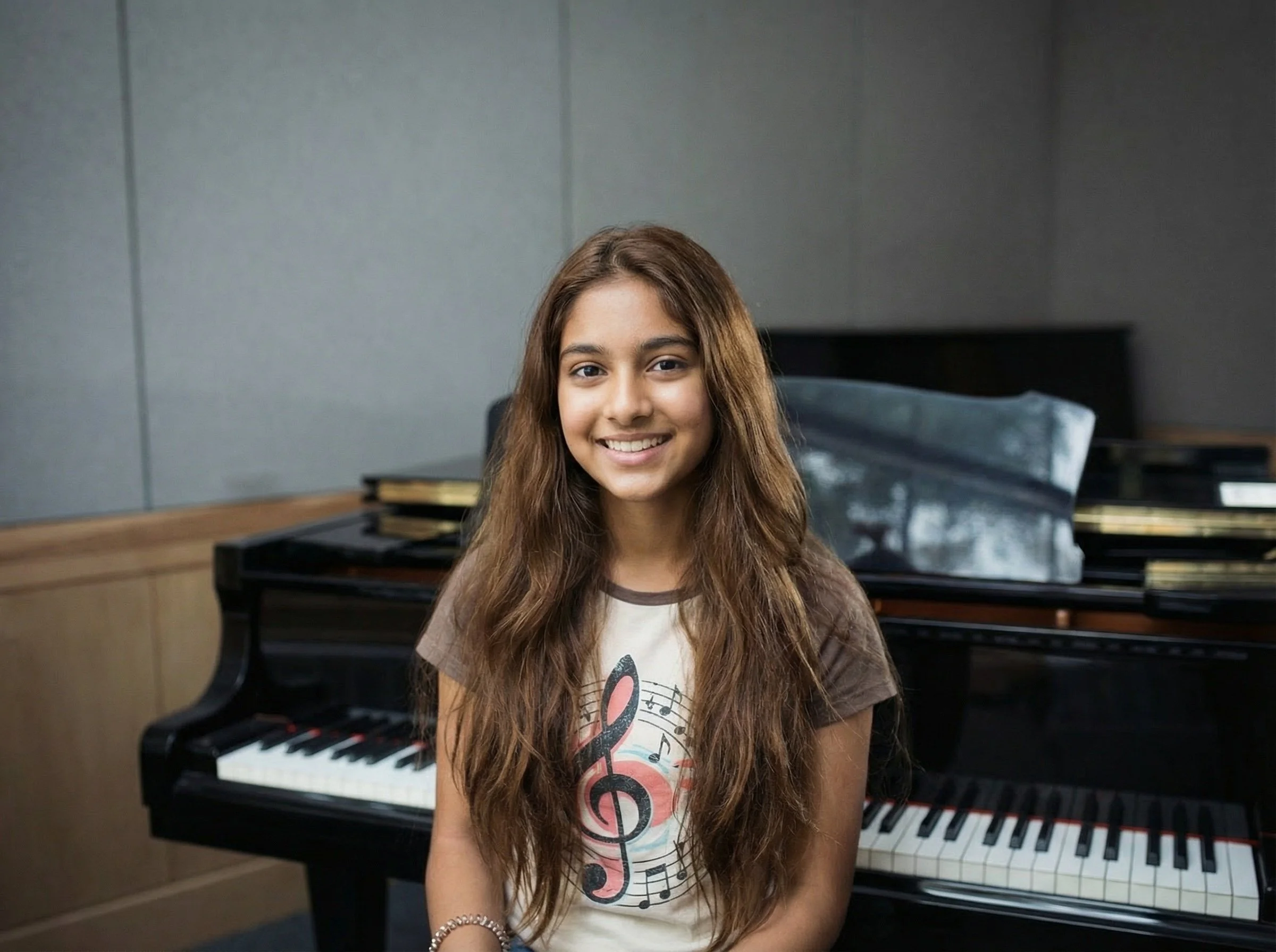 A young girl with long, wavy brown hair smiling while sitting in front of a grand piano in a music room.