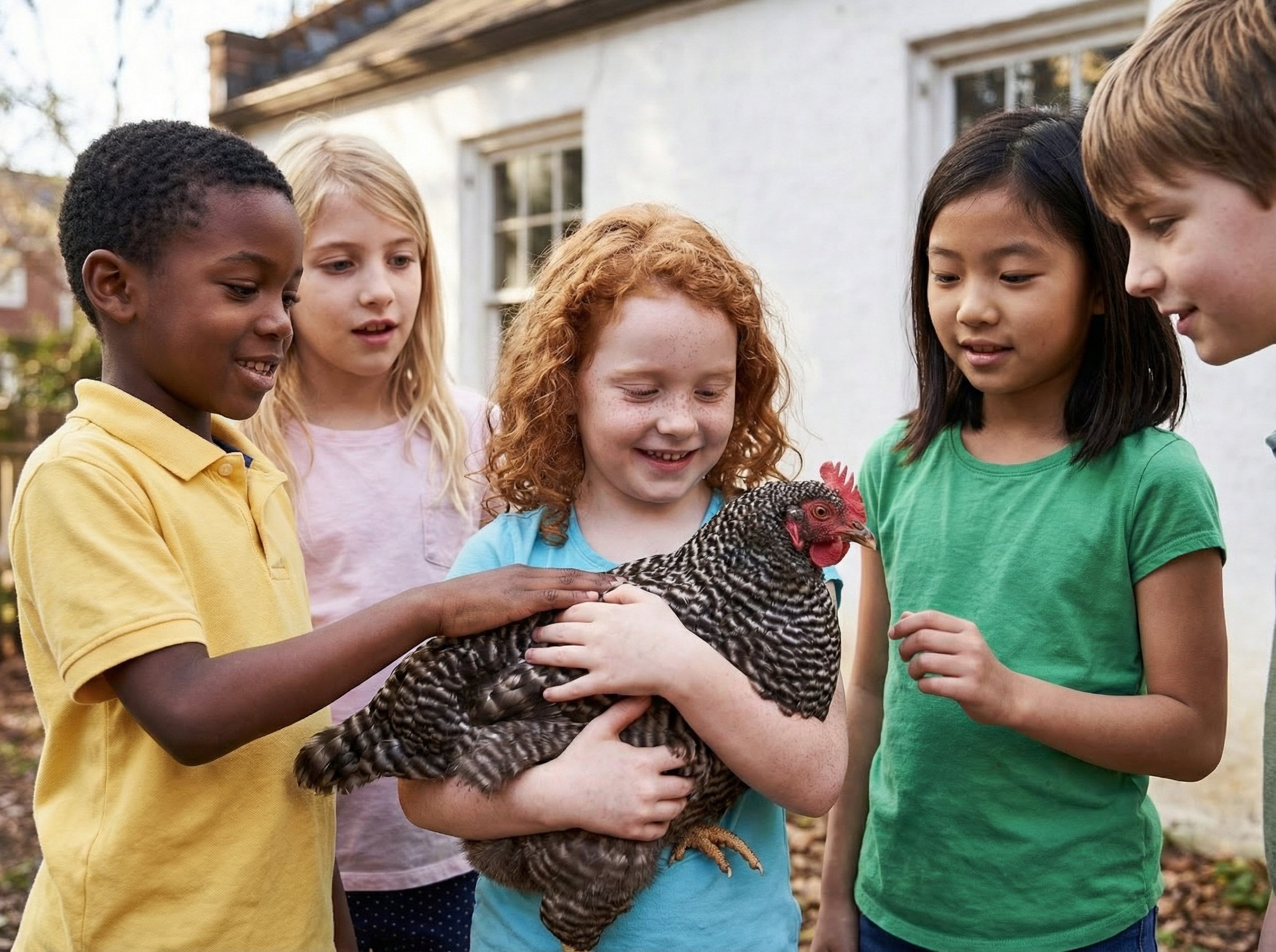 Group of children holding a large chicken outdoors in a garden.