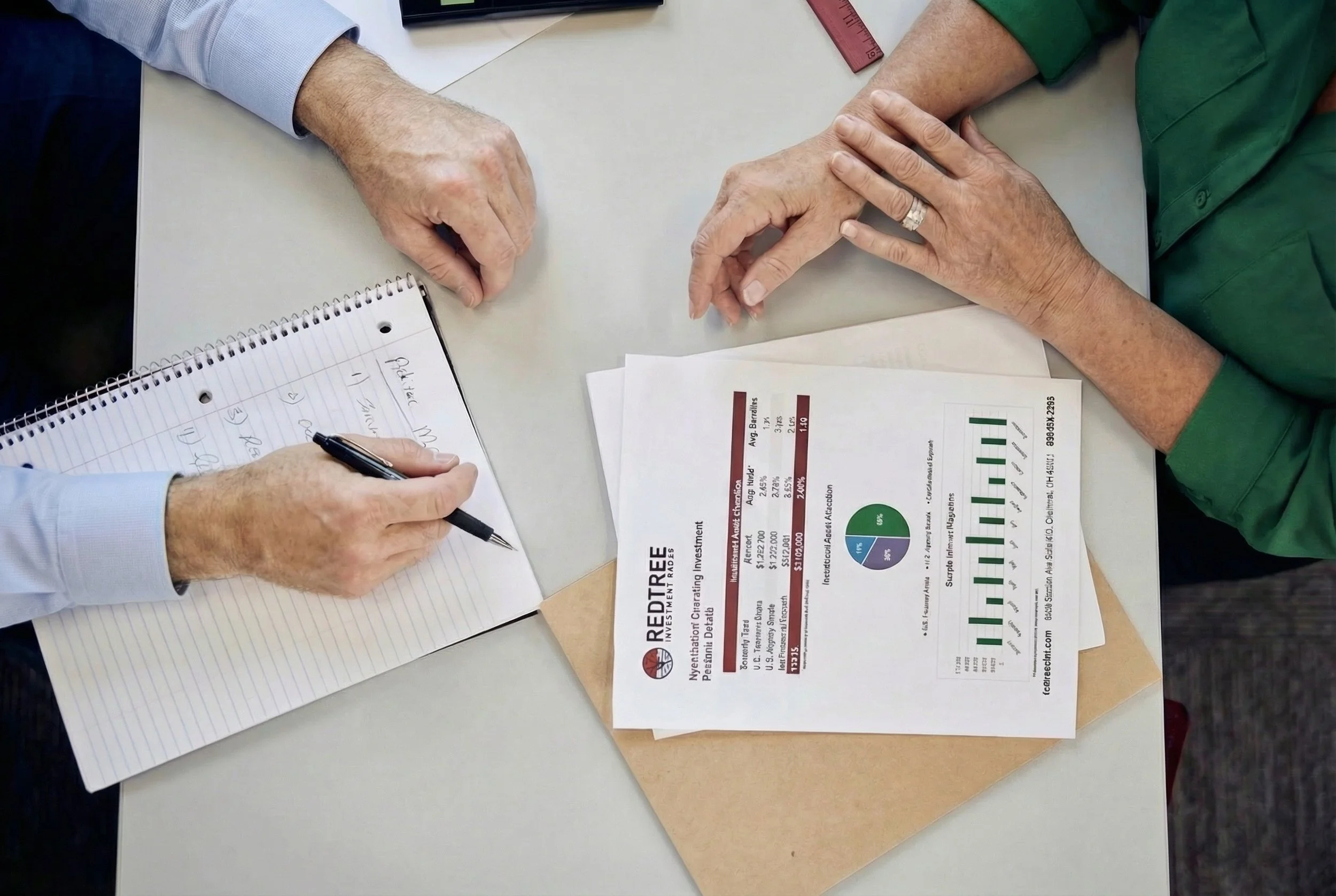 Two people sitting at a table, one is taking notes in a notepad while the other has a printed report with charts and data, discussing investment or financial analysis.