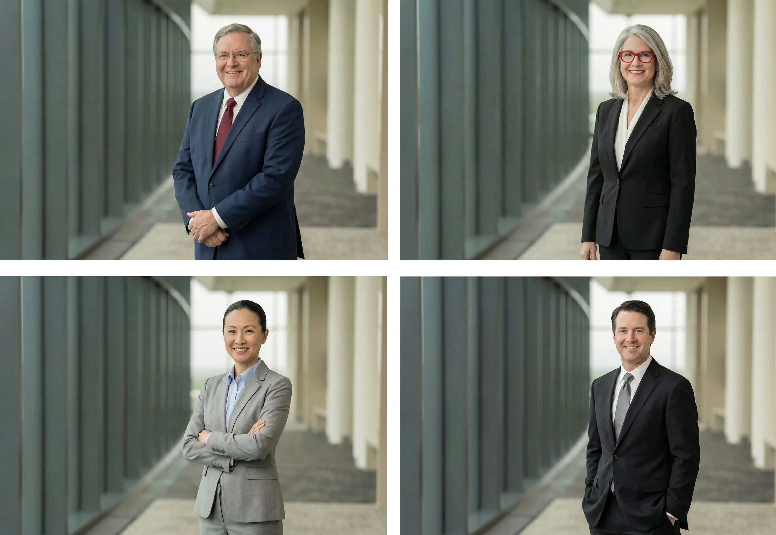 Photos of four professional businesspeople standing in a modern office corridor with large windows. Top left is a smiling man in a blue suit, red tie. Top right is a woman with gray hair and red glasses in a black suit. Bottom left is a woman with bl