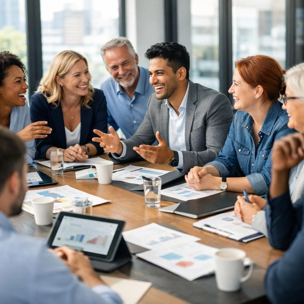 A diverse group of professionals sitting around a conference table, engaged in conversation and smiling in a modern office meeting room.