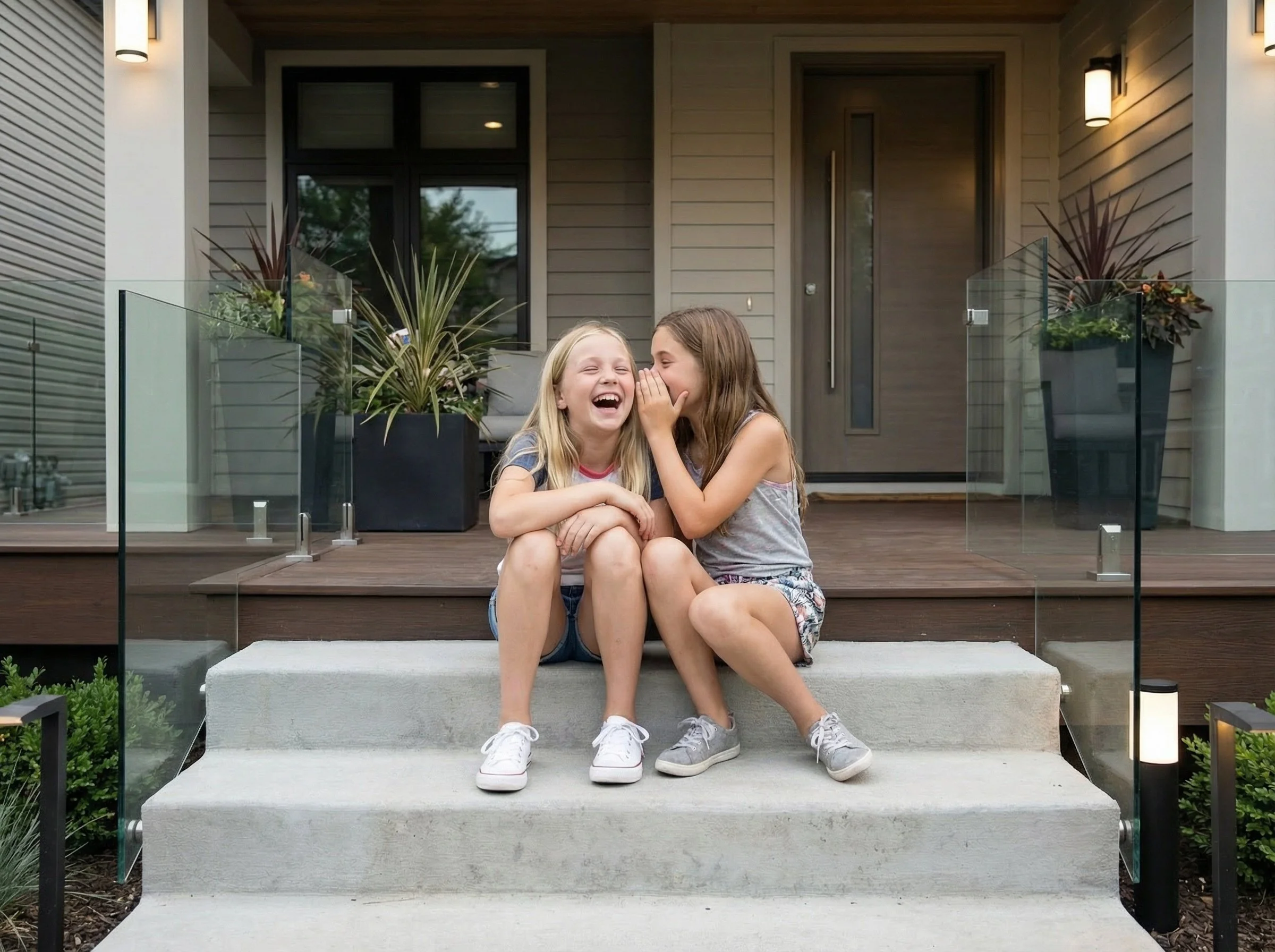 Two young girls sitting on front steps of a house, laughing and whispering to each other.