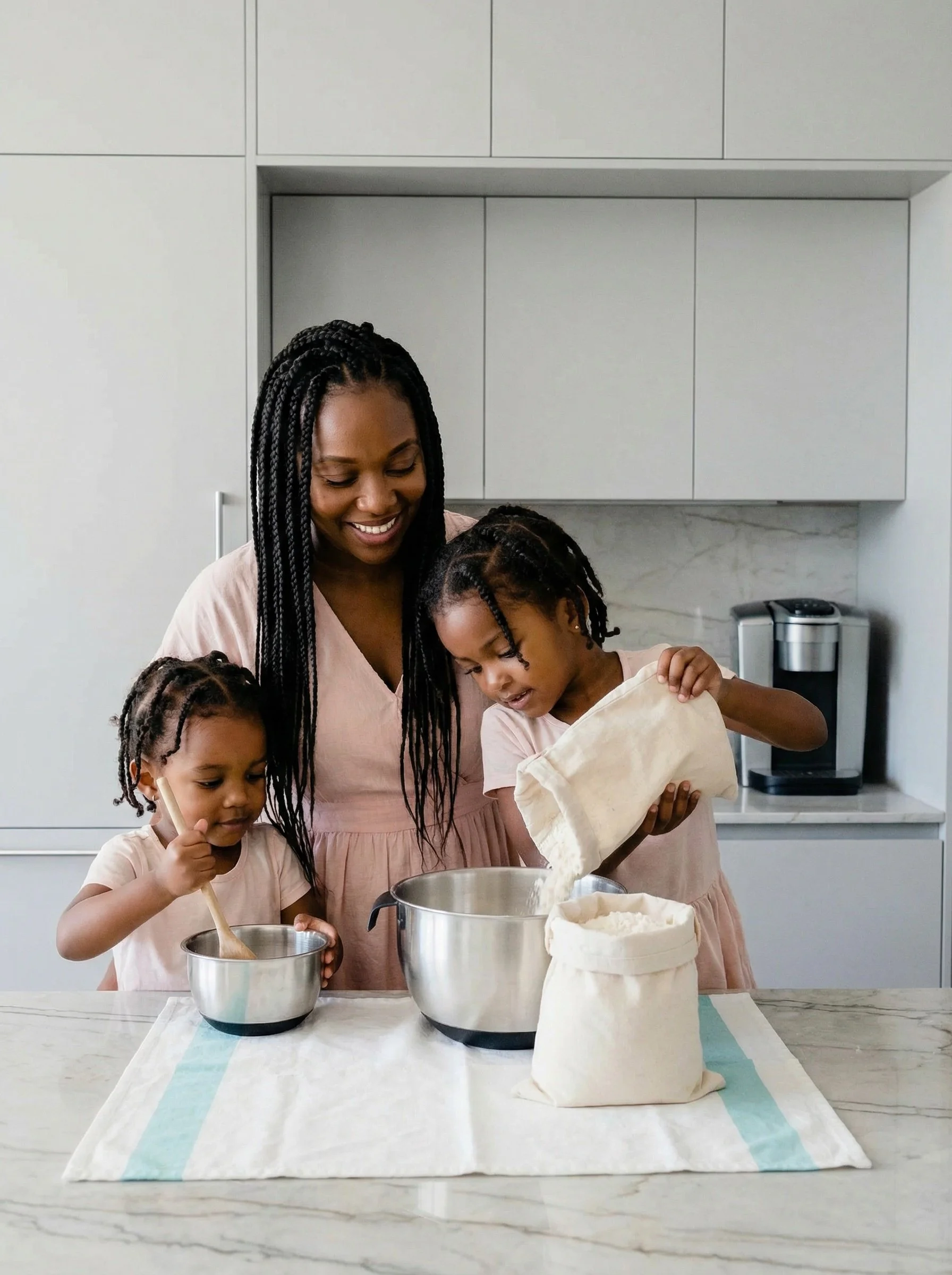A woman with two young girls baking together in a modern kitchen, pouring flour from a cloth into a mixing bowl, with baking materials on the counter.