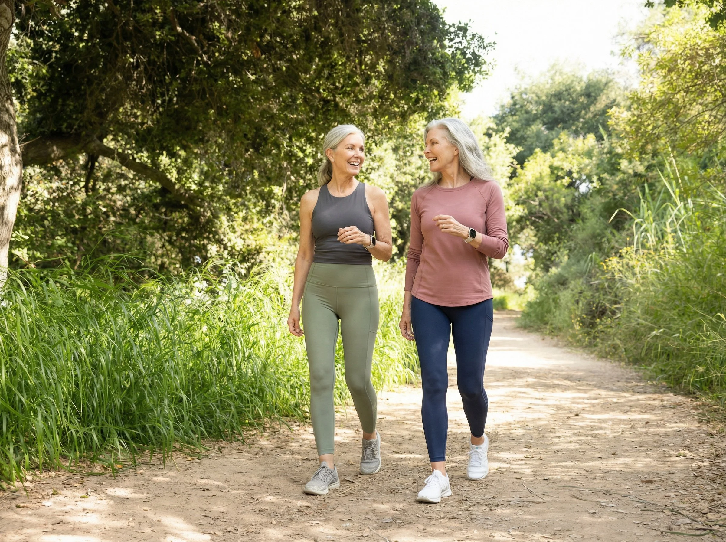 Two elderly women walking and talking on a dirt trail through a shaded, green forest during daytime, enjoying each other's company.